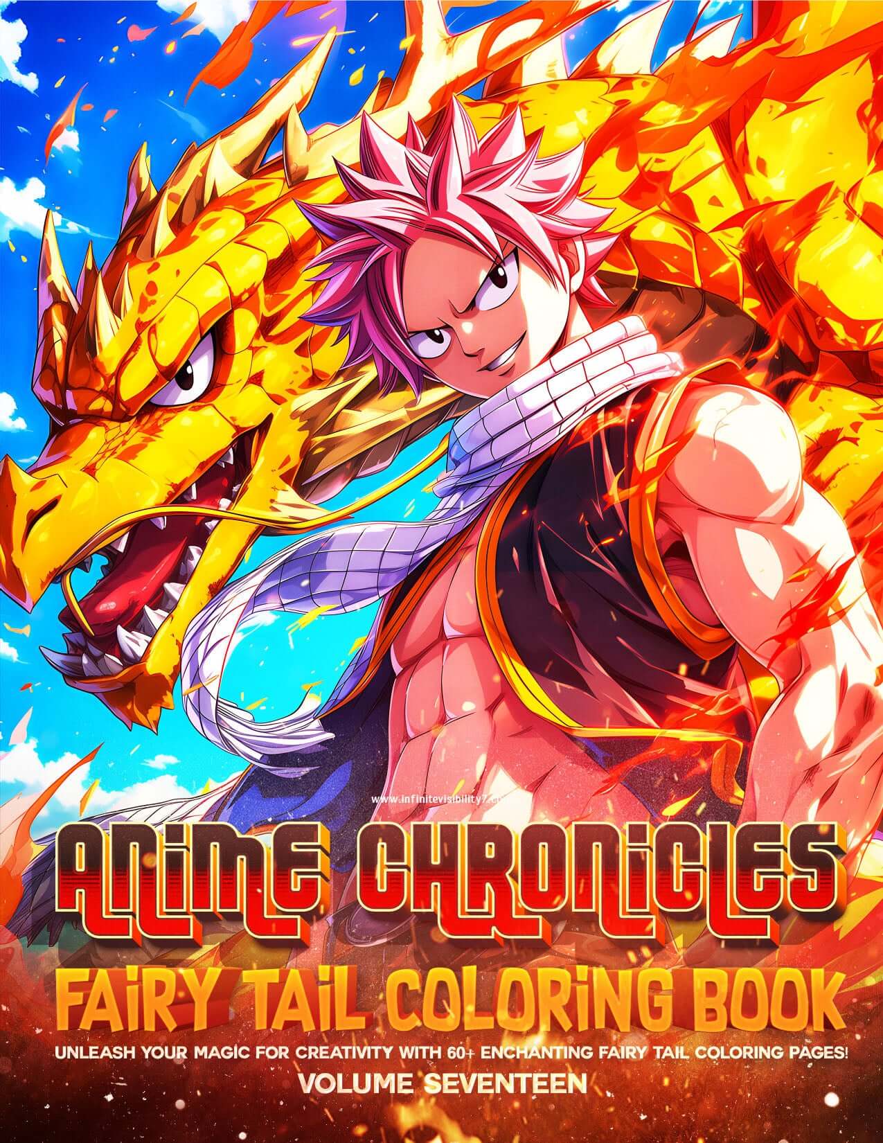 Anime Chronicles Fairy Tail Coloring Book Volume 17 digital download cover featuring Natsu Dragneel with fiery dragon Igneel, epic anime art for coloring.