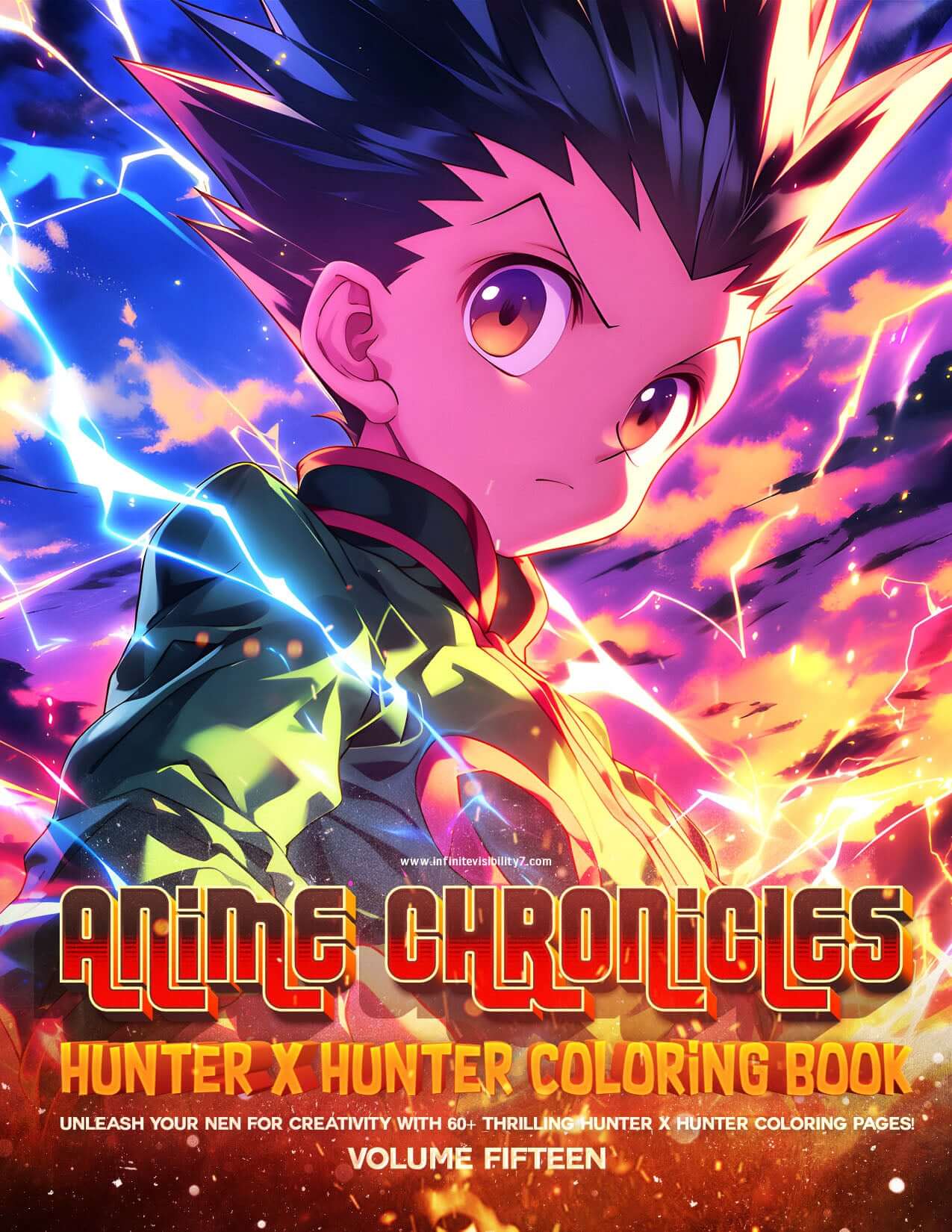 Epic cover art for Anime Chronicles Hunter x Hunter Coloring Book Volume 15 featuring Gon Freecss with Nen aura, digital download for anime coloring fans.
