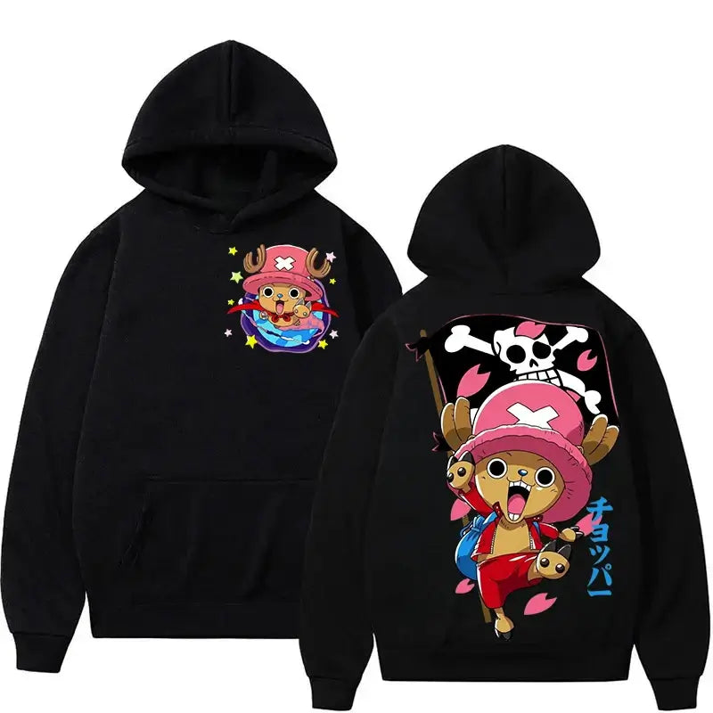 A couple wearing the oversized Harajuku Style Chopper Hoodie with a cute One Piece pattern.