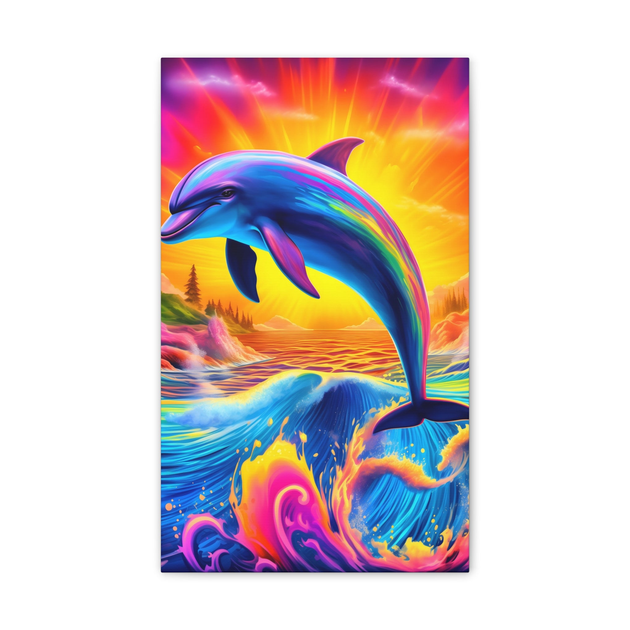 Ride the Waves of Imagination: Psychedelic Dolphin Rainbow Canvas Stretched, 0.75"