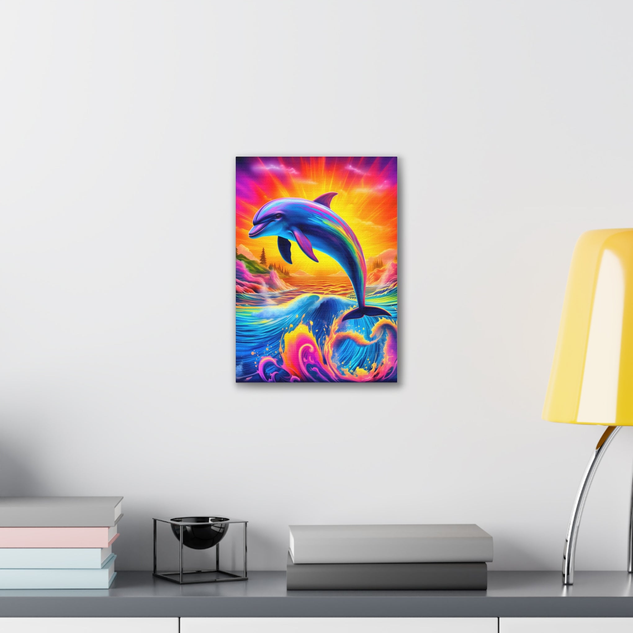 Ride the Waves of Imagination: Psychedelic Dolphin Rainbow Canvas Stretched, 0.75"