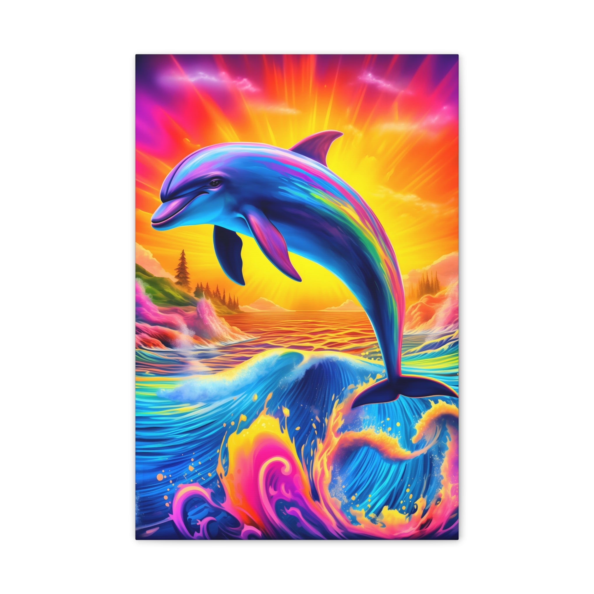 Ride the Waves of Imagination: Psychedelic Dolphin Rainbow Canvas Stretched, 0.75"