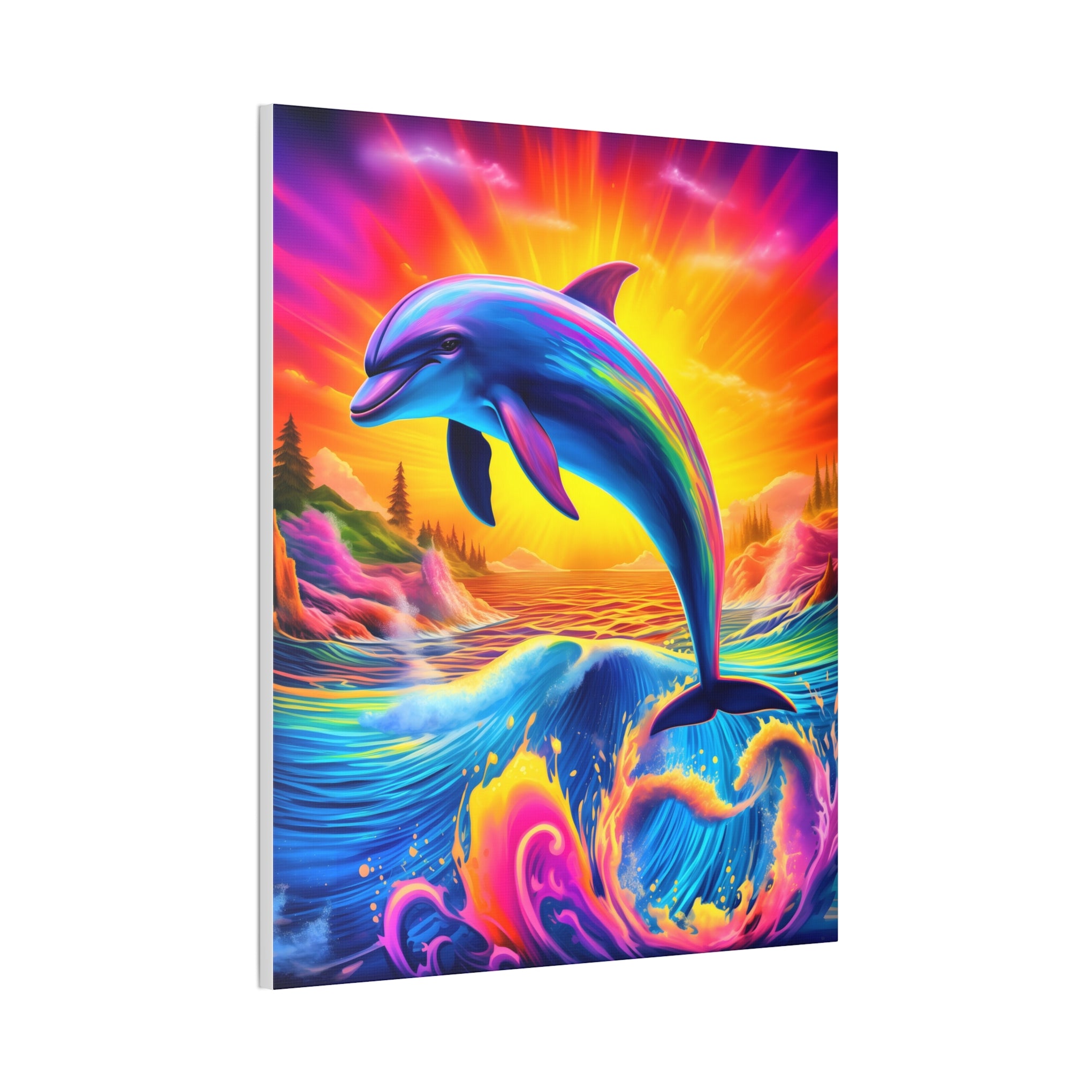 Ride the Waves of Imagination: Psychedelic Dolphin Rainbow Canvas Stretched, 0.75"