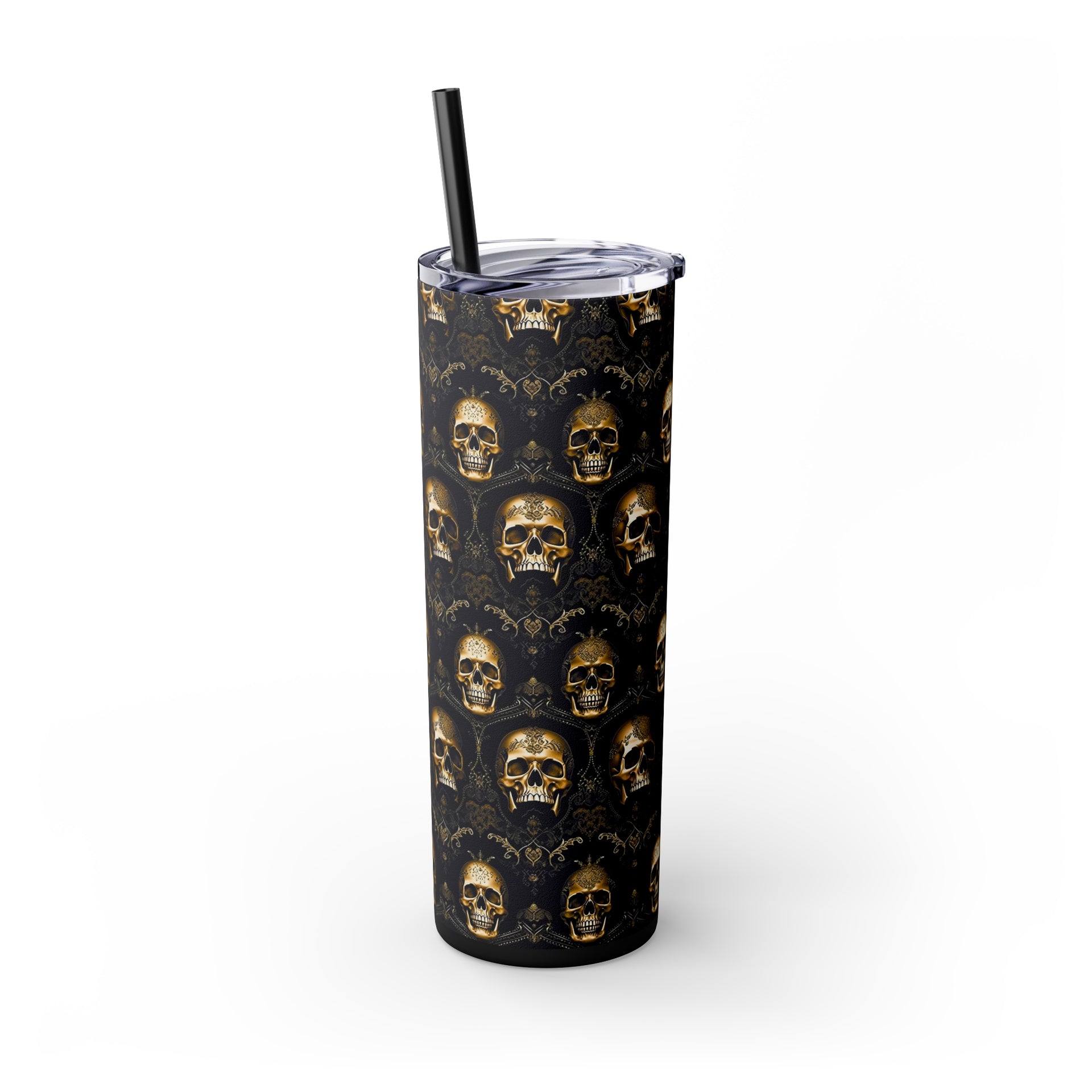 Elegance Meets Edge: The Sparkling Skull Skinny Tumbler with Straw, 20oz