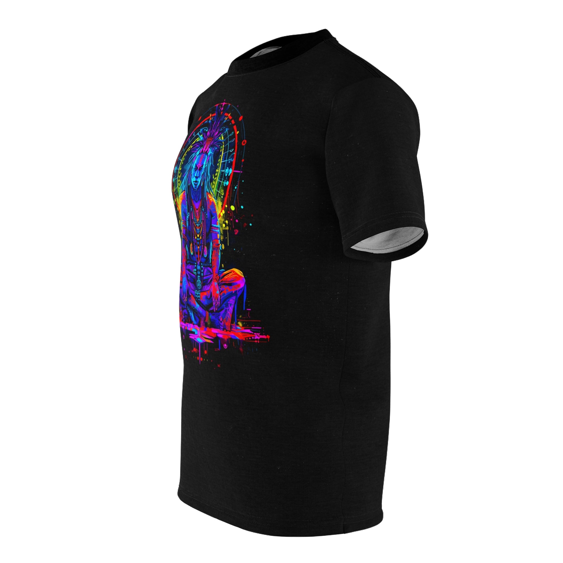 Bridging Realms: Cyberpunk Shaman Tee - Where Tech Meets Tradition Unisex Cut & Sew Tee (AOP)