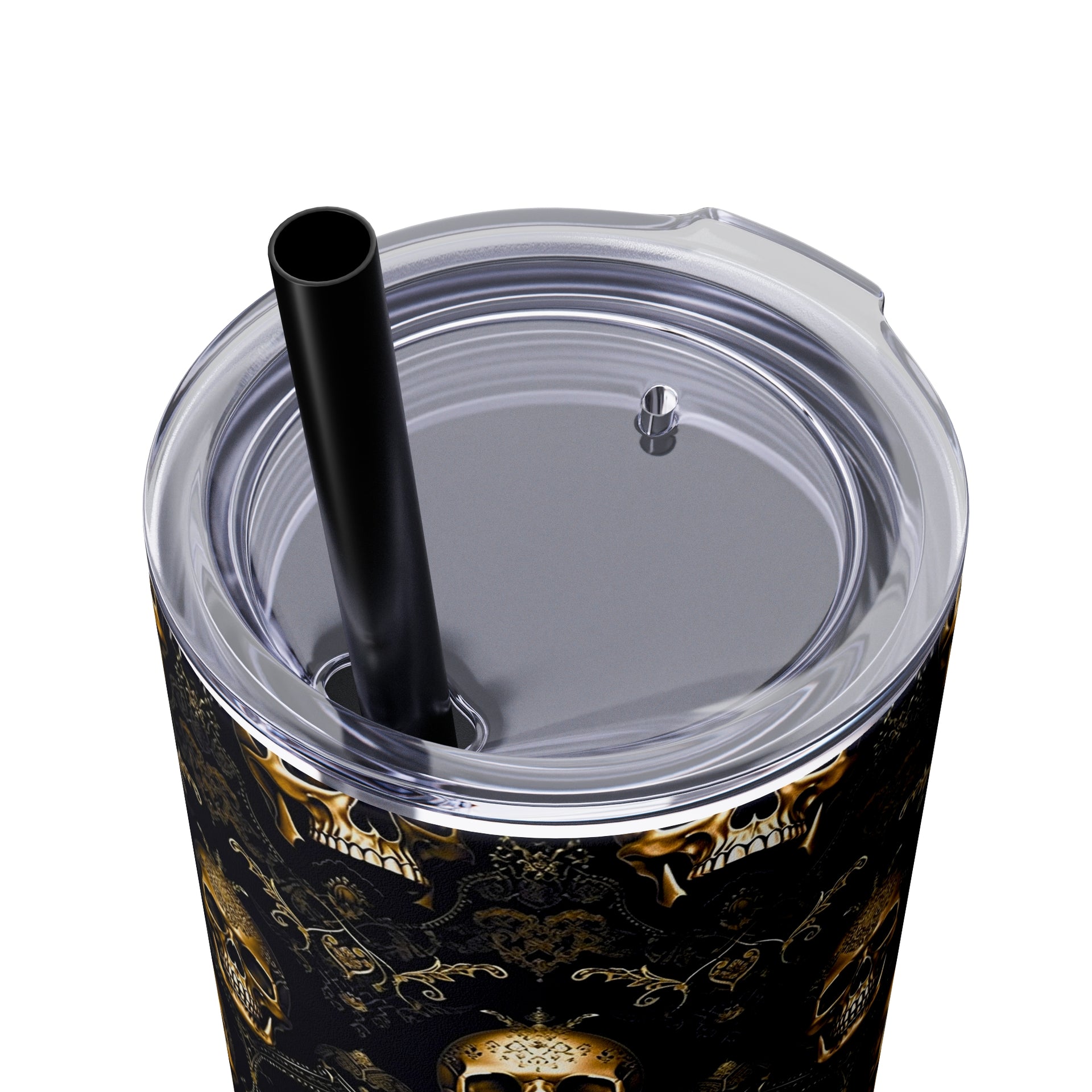 Elegance Meets Edge: The Sparkling Skull Skinny Tumbler with Straw, 20oz