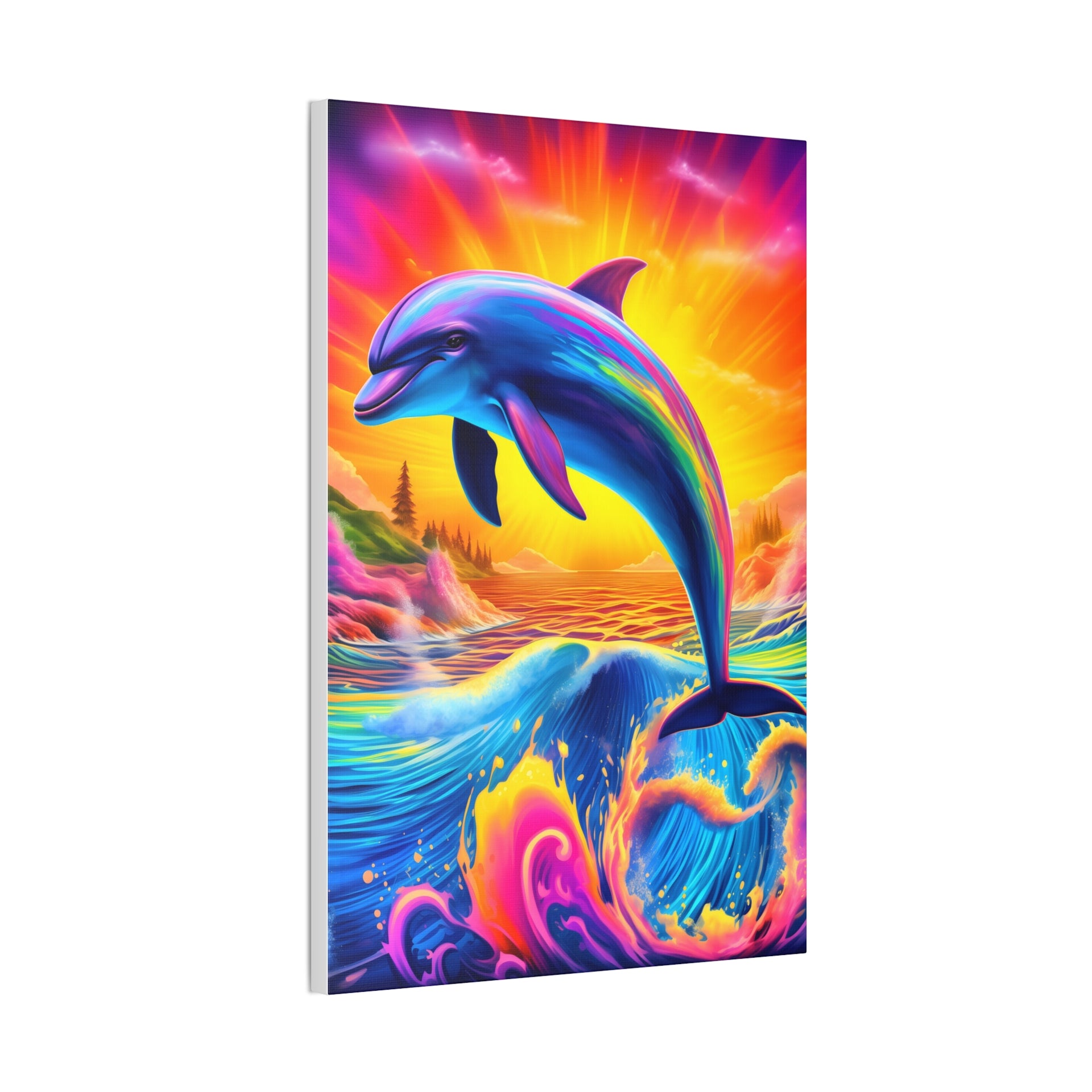 Ride the Waves of Imagination: Psychedelic Dolphin Rainbow Canvas Stretched, 0.75"