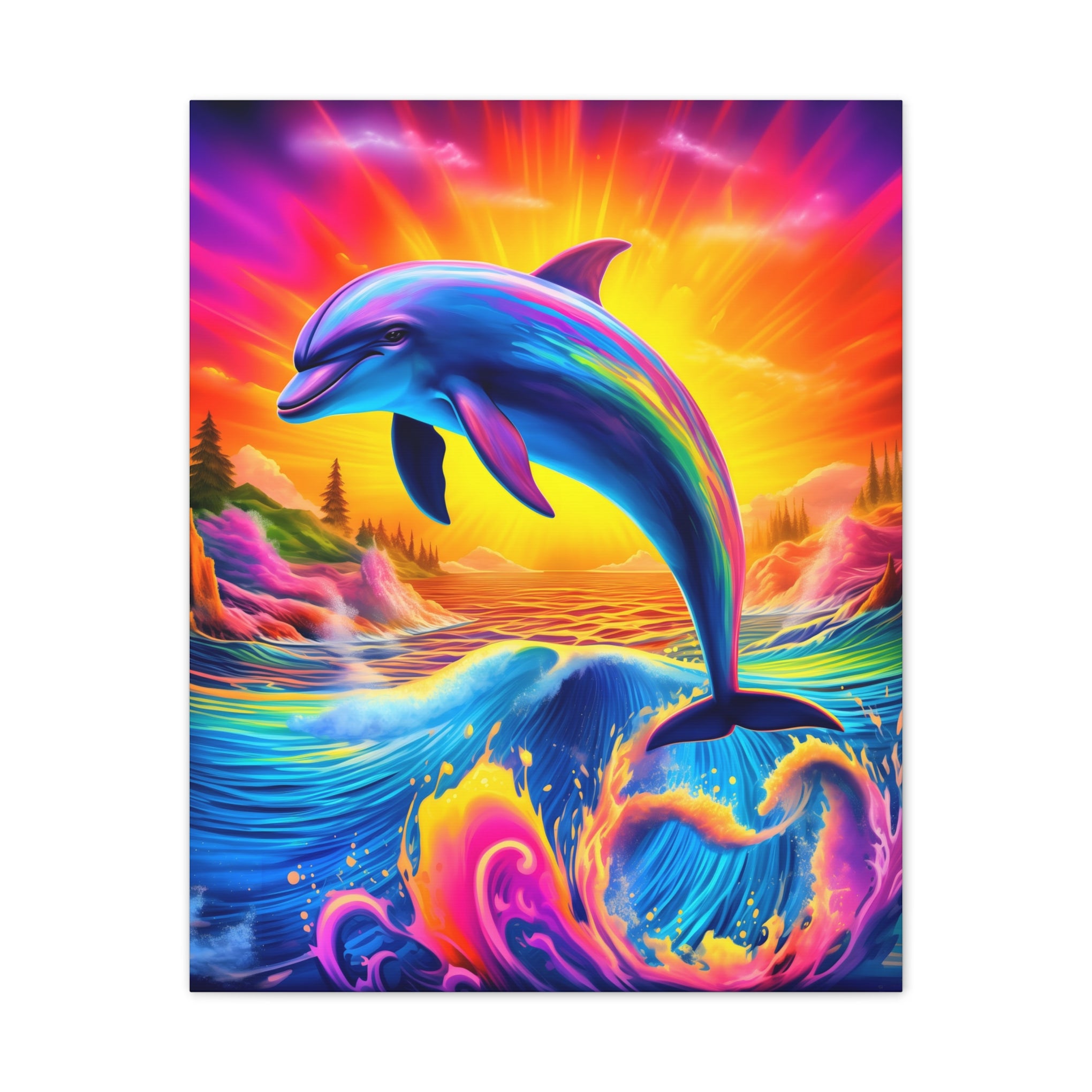 Ride the Waves of Imagination: Psychedelic Dolphin Rainbow Canvas Stretched, 0.75"