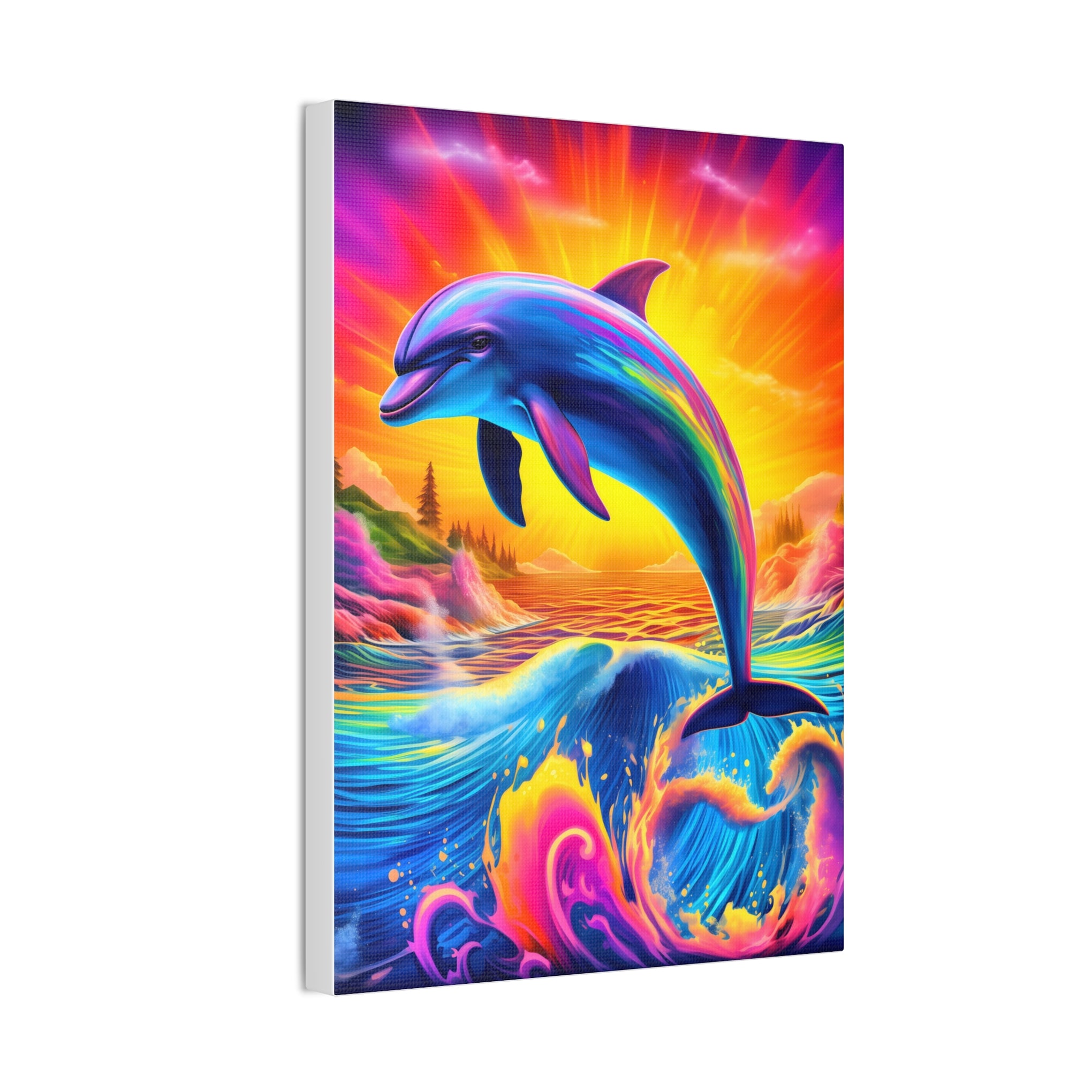 Ride the Waves of Imagination: Psychedelic Dolphin Rainbow Canvas Stretched, 0.75"