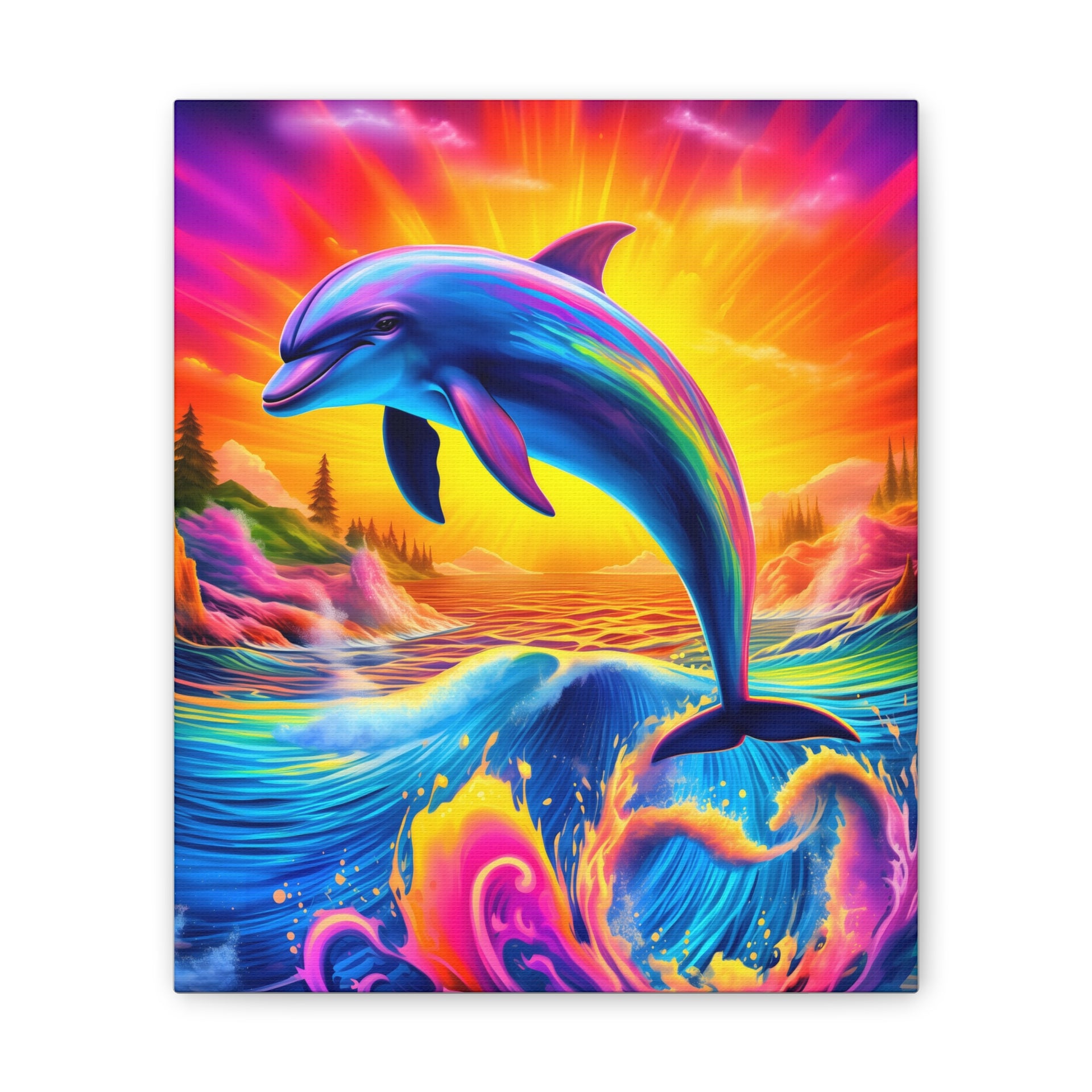 Ride the Waves of Imagination: Psychedelic Dolphin Rainbow Canvas Stretched, 0.75"