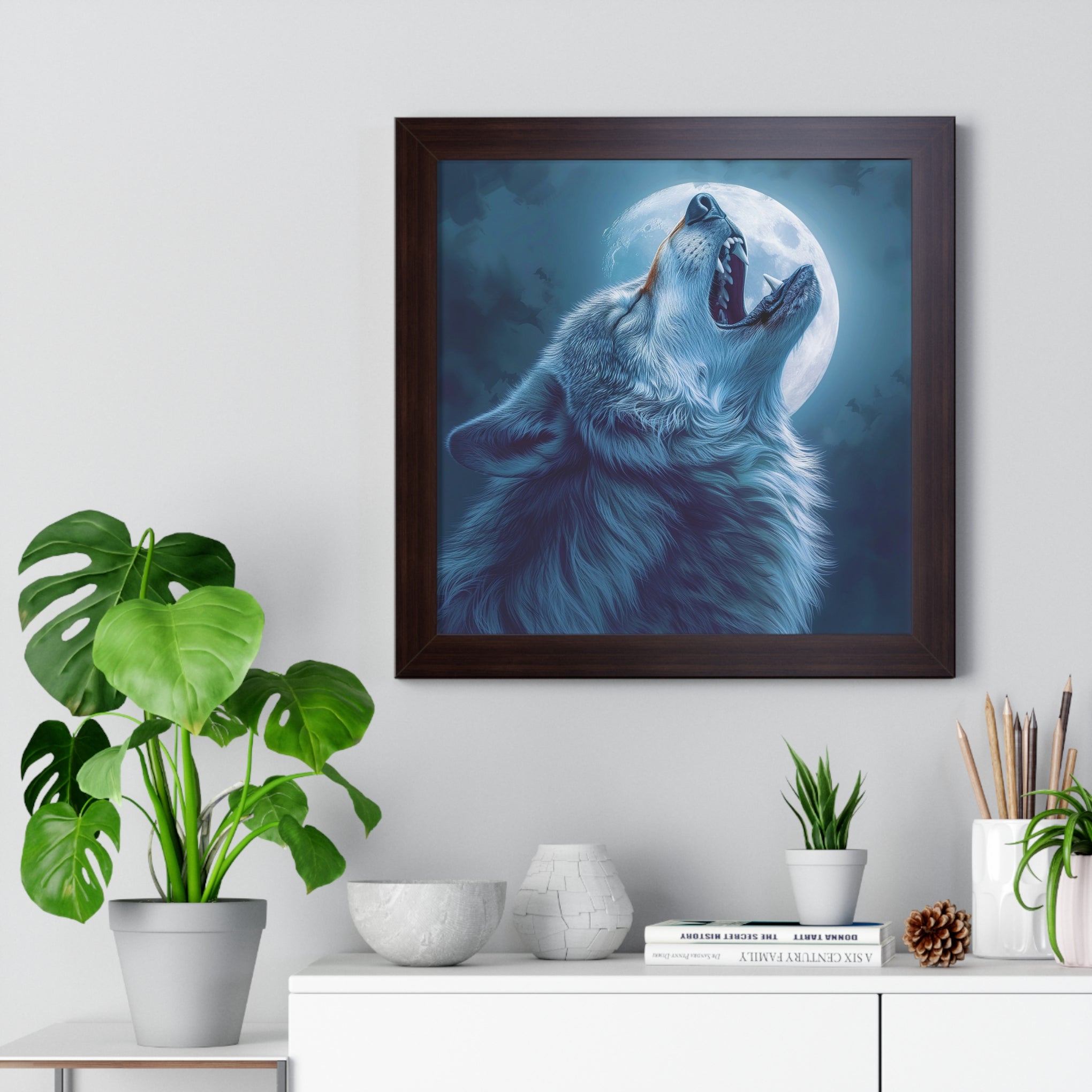 Midnight Howl: Epic Fantasy Wolf Poster Framed Vertical Poster