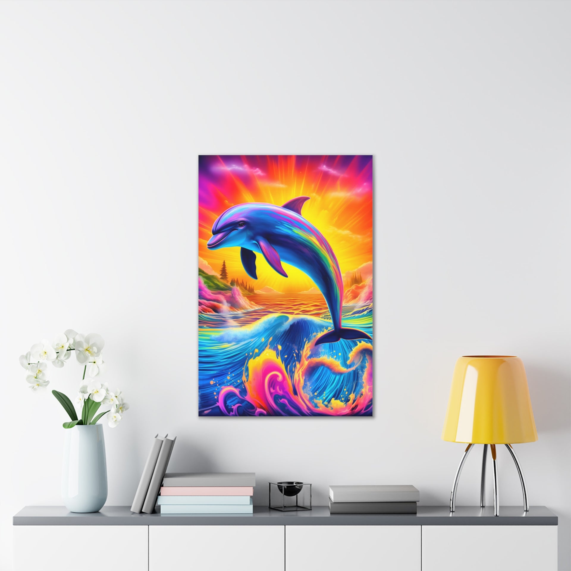 Ride the Waves of Imagination: Psychedelic Dolphin Rainbow Canvas Stretched, 0.75