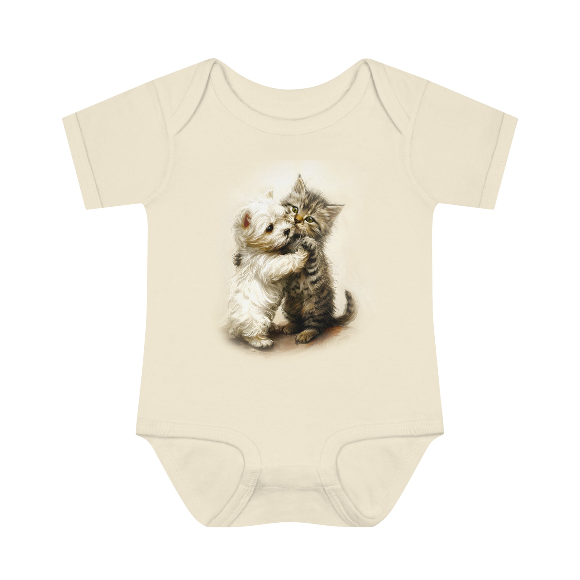 Playful Pals Infant Baby Rib Bodysuit: Cute White Dog and Furry Cat Design | Infant Baby Rib Bodysuit