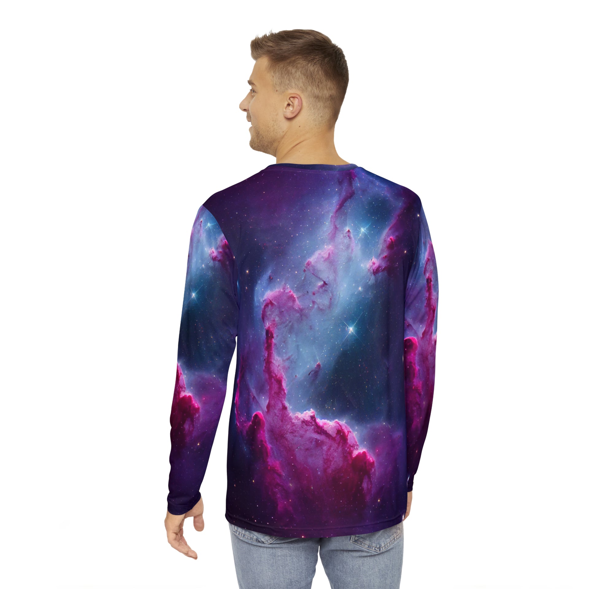 Starstruck Voyager: Explore the Cosmos in This Glowing Astronaut Longsleeve | Men's Long Sleeve Shirt (AOP)