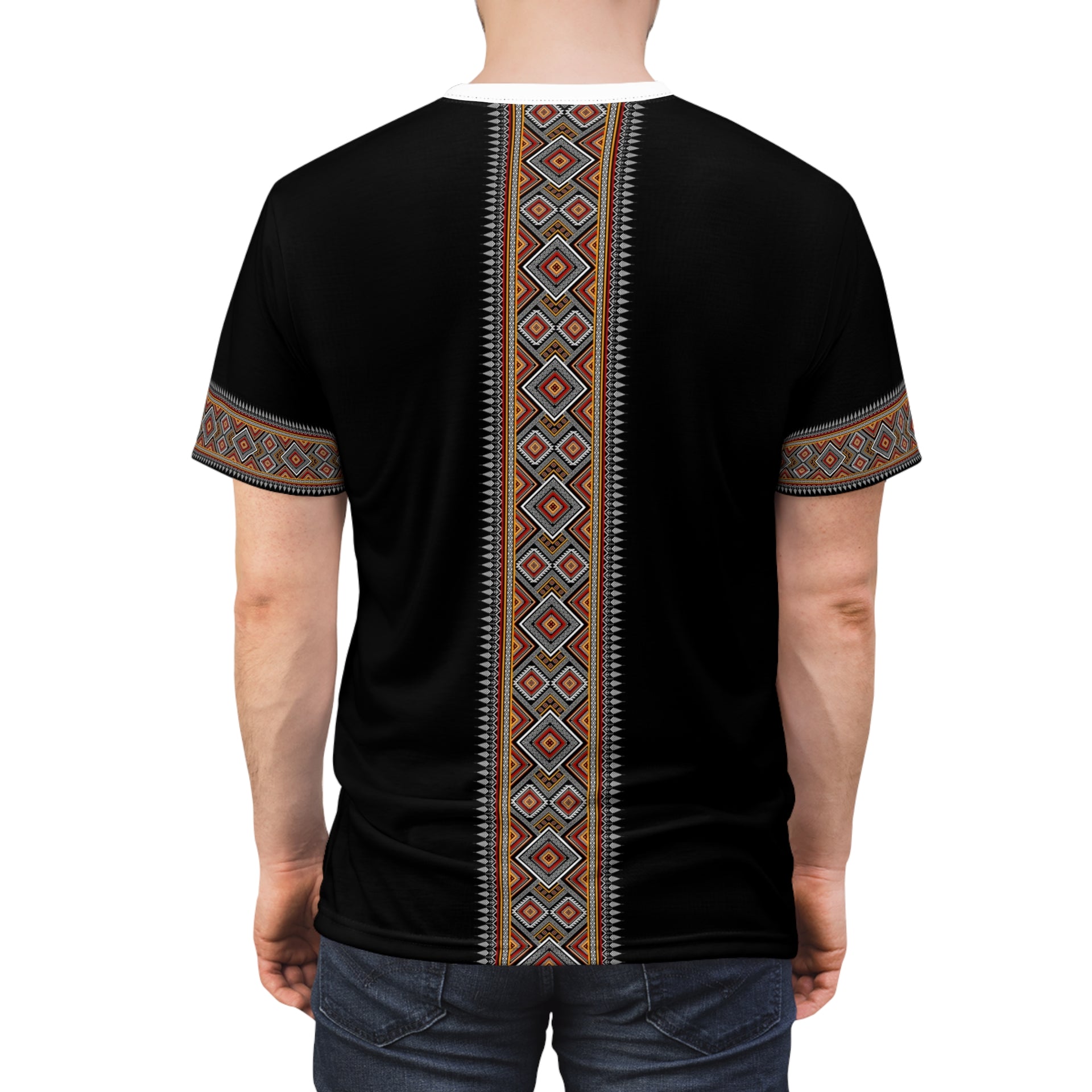 Ethiopian Diamond Symphony: Unisex Cut & Sew Tee with Vibrant Geometric Patterns