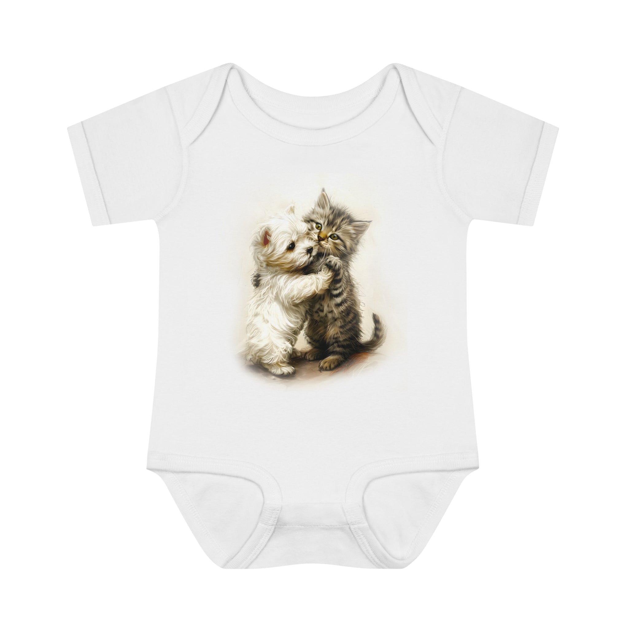 Playful Pals Infant Baby Rib Bodysuit: Cute White Dog and Furry Cat Design | Infant Baby Rib Bodysuit