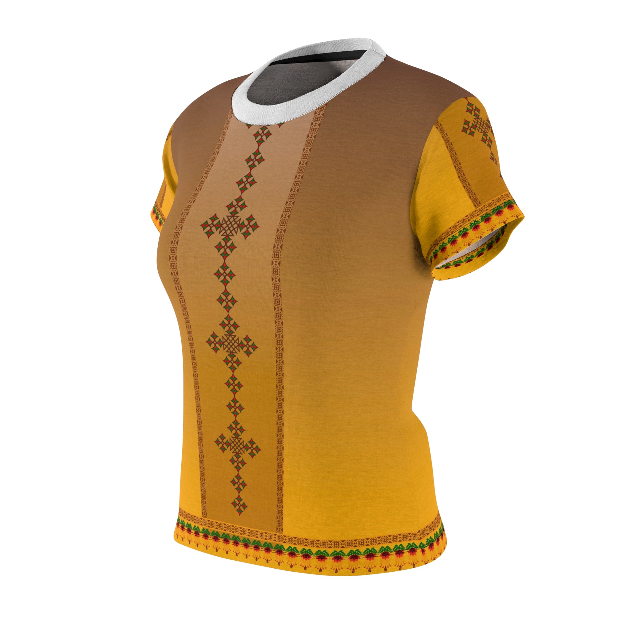 Ethiopian Cross & Floral Harmony: Women's Cut & Sew Tee with Vibrant Ethnic Patterns