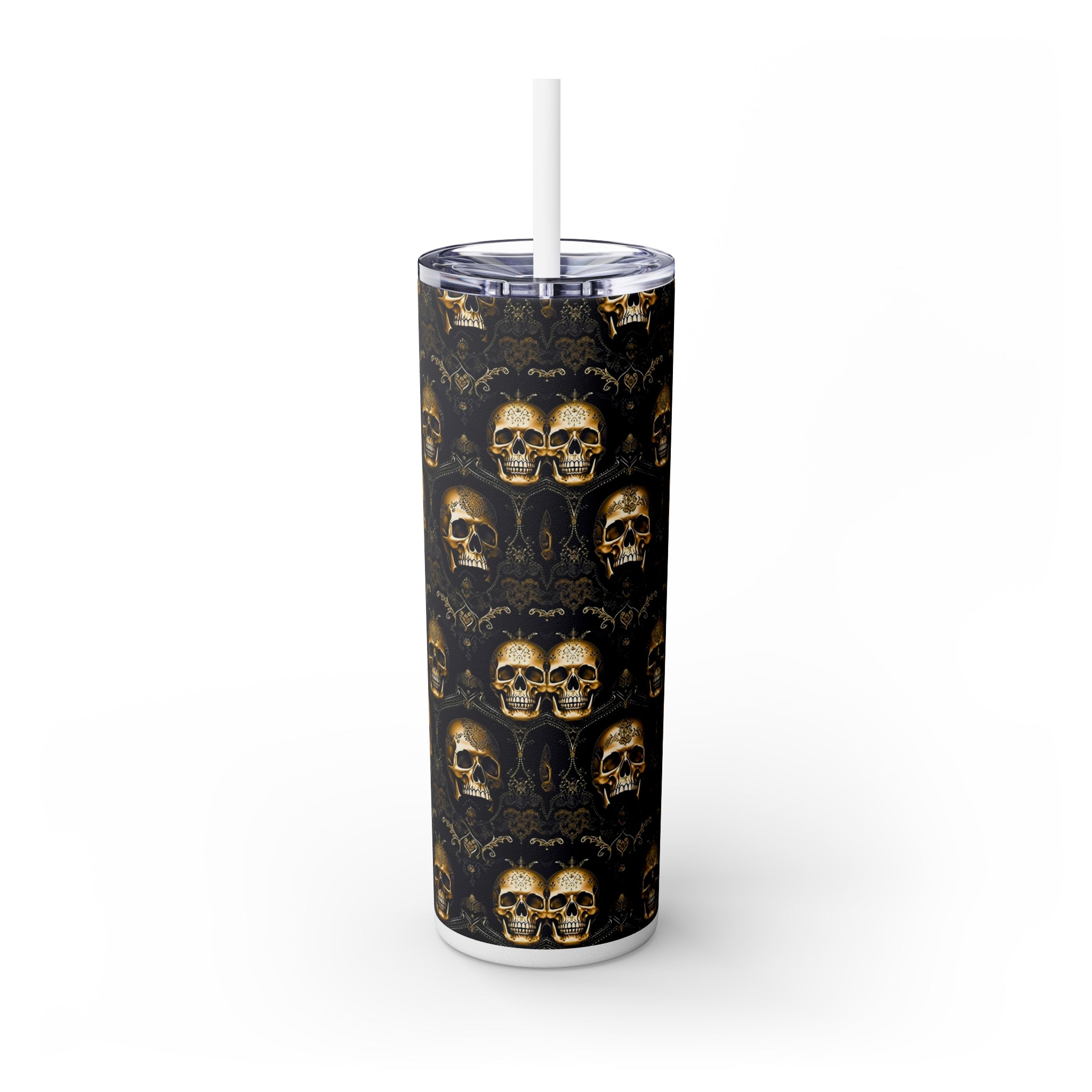 Elegance Meets Edge: The Sparkling Skull Skinny Tumbler with Straw, 20oz