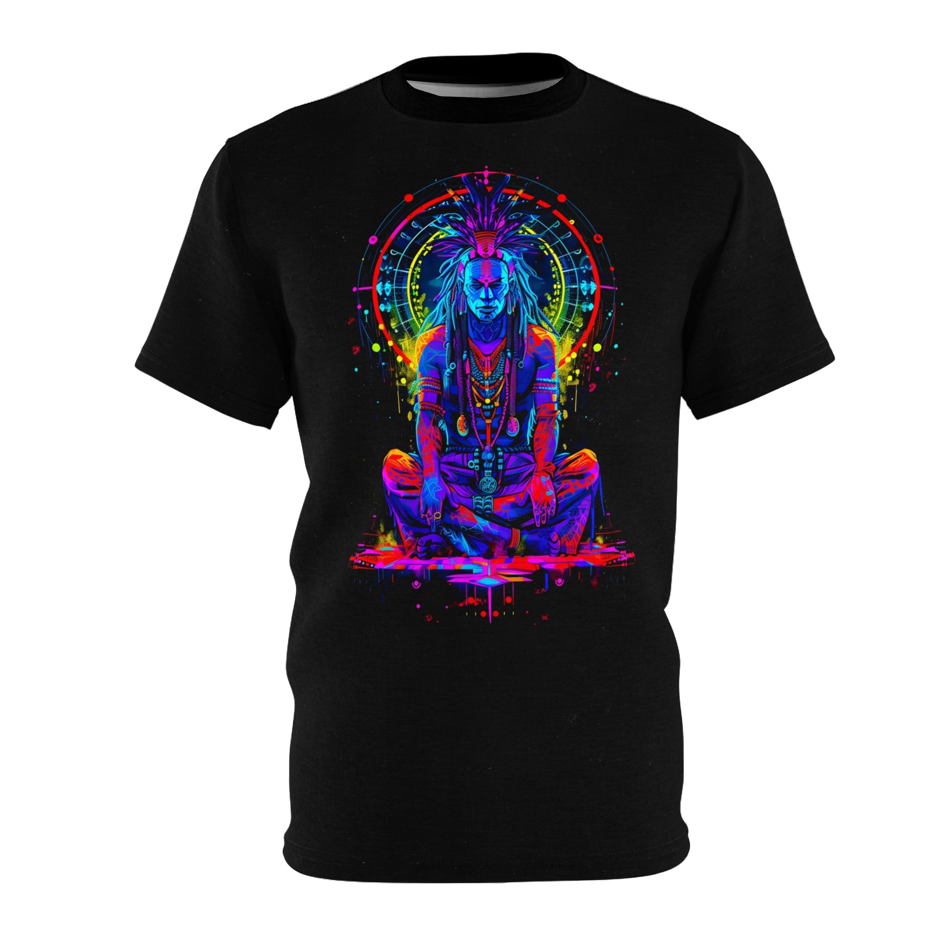 Bridging Realms: Cyberpunk Shaman Tee - Where Tech Meets Tradition Unisex Cut & Sew Tee (AOP)