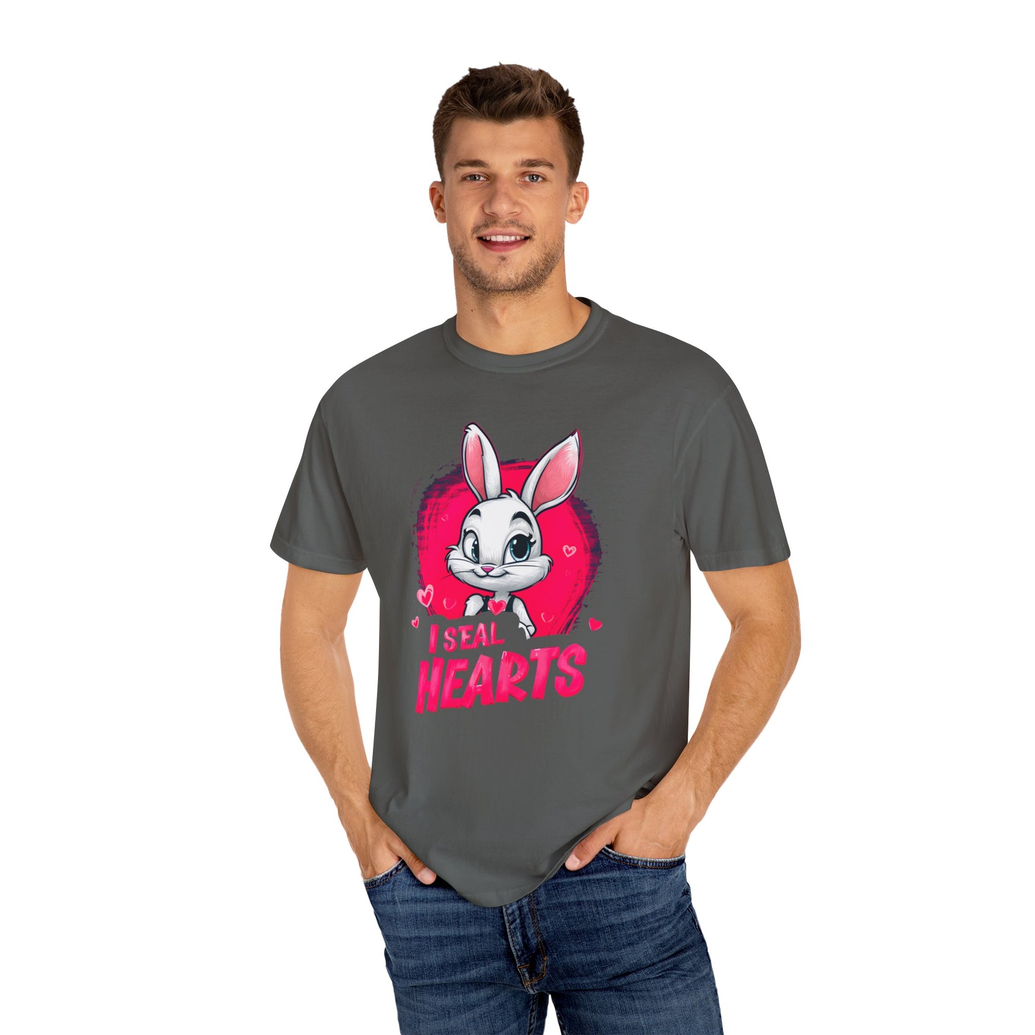 Hop to It, Heartbreaker: This Bunny Steals Smiles, Not Hearts | Valentine's Day | Unisex Garment-Dyed T-shirt