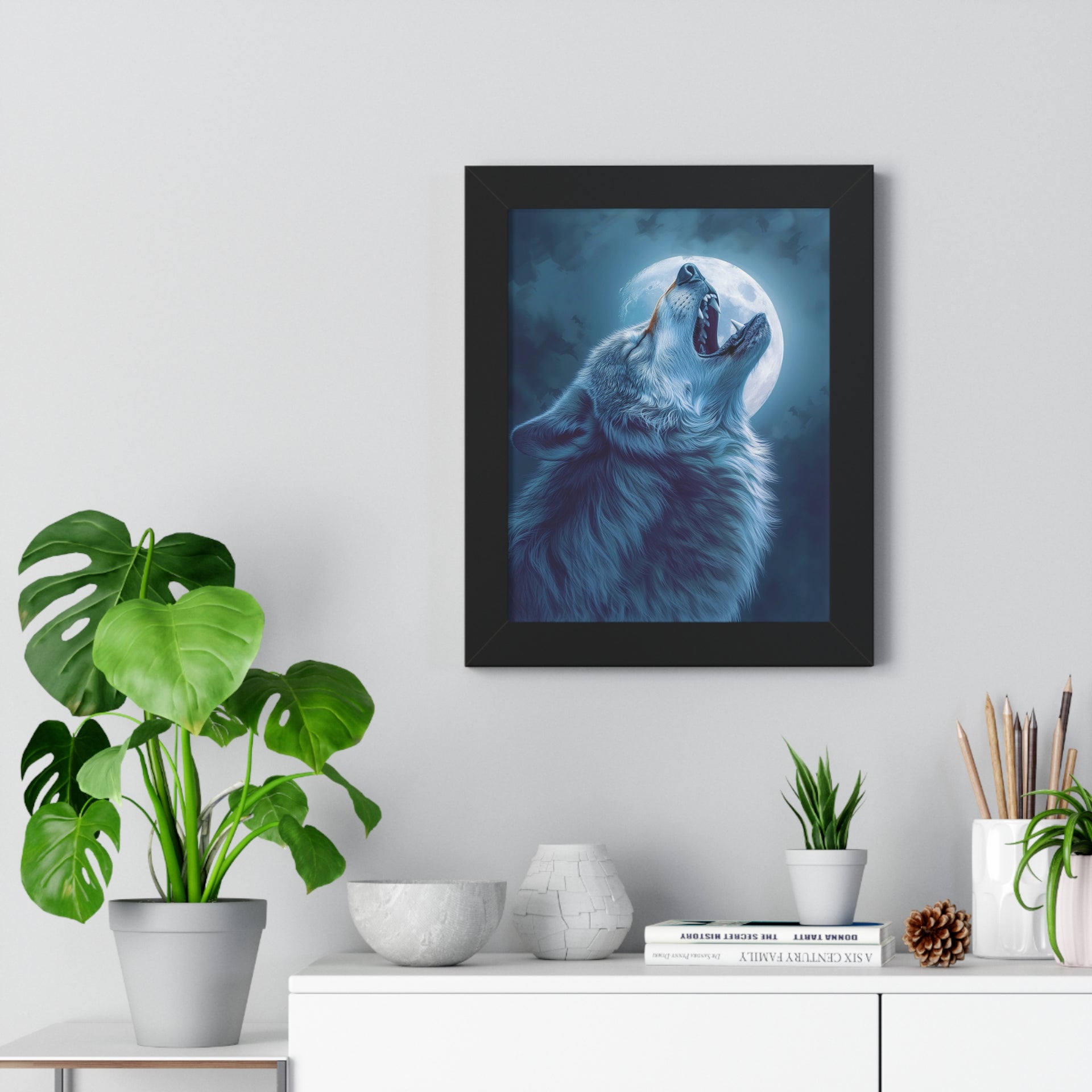 Midnight Howl: Epic Fantasy Wolf Poster Framed Vertical Poster