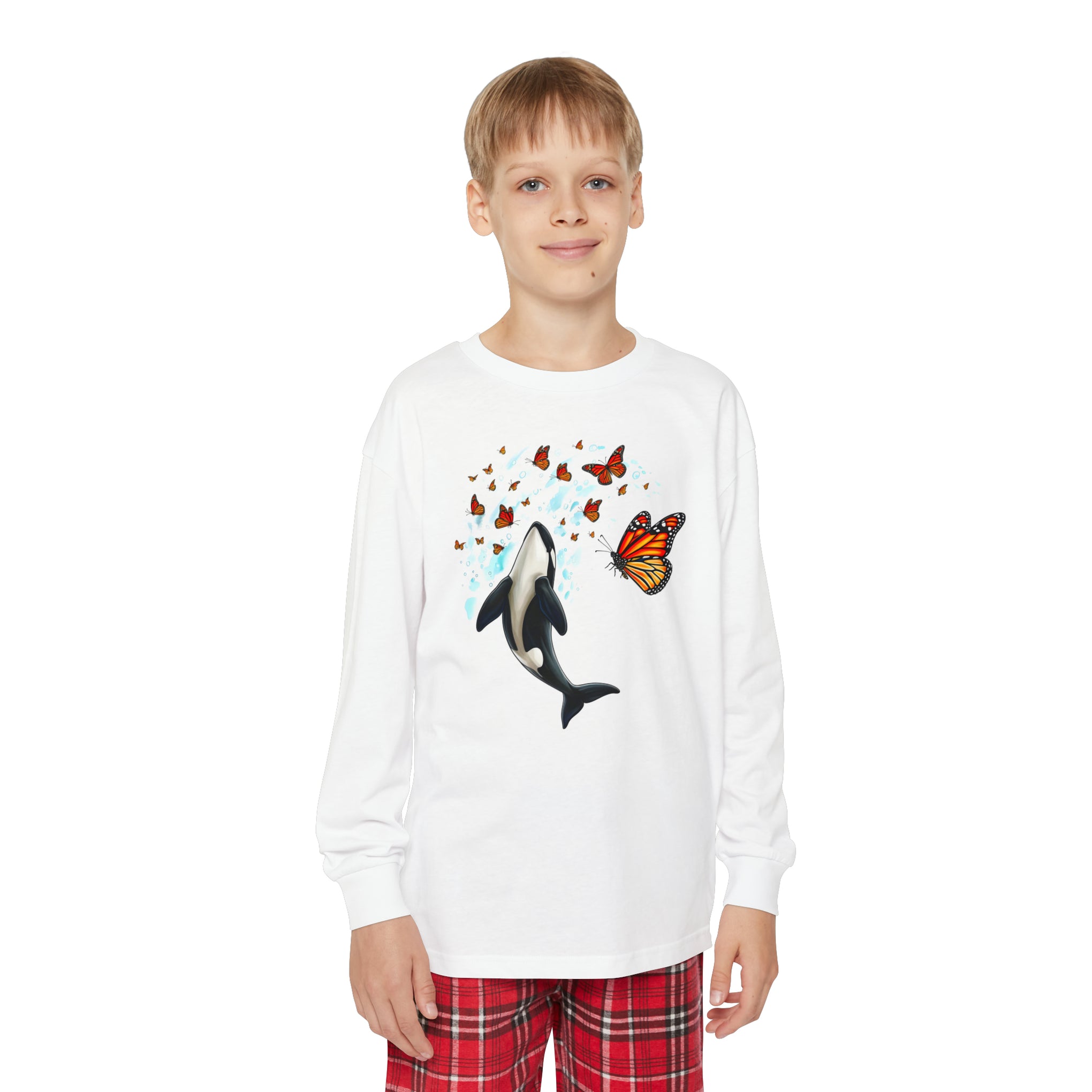 Majestic Harmony: Orca and Monarch Butterfly Youth Holiday Outfit Set | Youth Long Sleeve Holiday Outfit Set