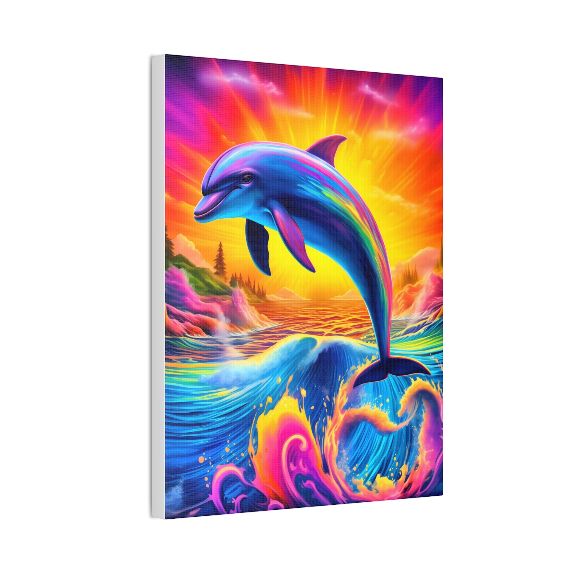 Ride the Waves of Imagination: Psychedelic Dolphin Rainbow Canvas Stretched, 0.75"