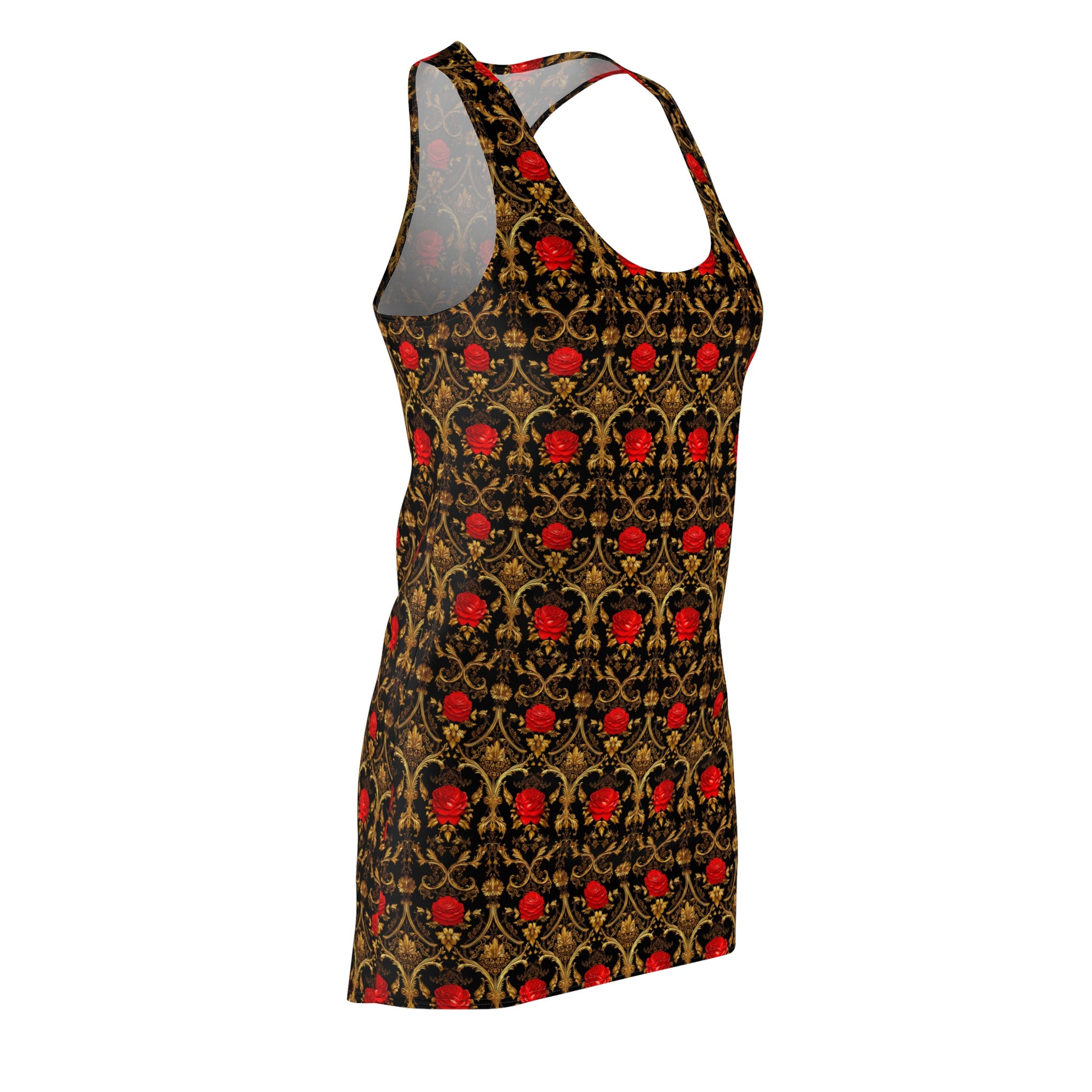 Vintage Red Rose & Gold Damask Women's Racerback Dress