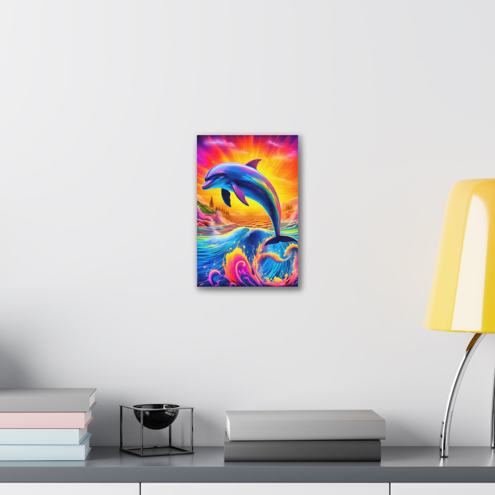 Ride the Waves of Imagination: Psychedelic Dolphin Rainbow Canvas Stretched, 0.75"