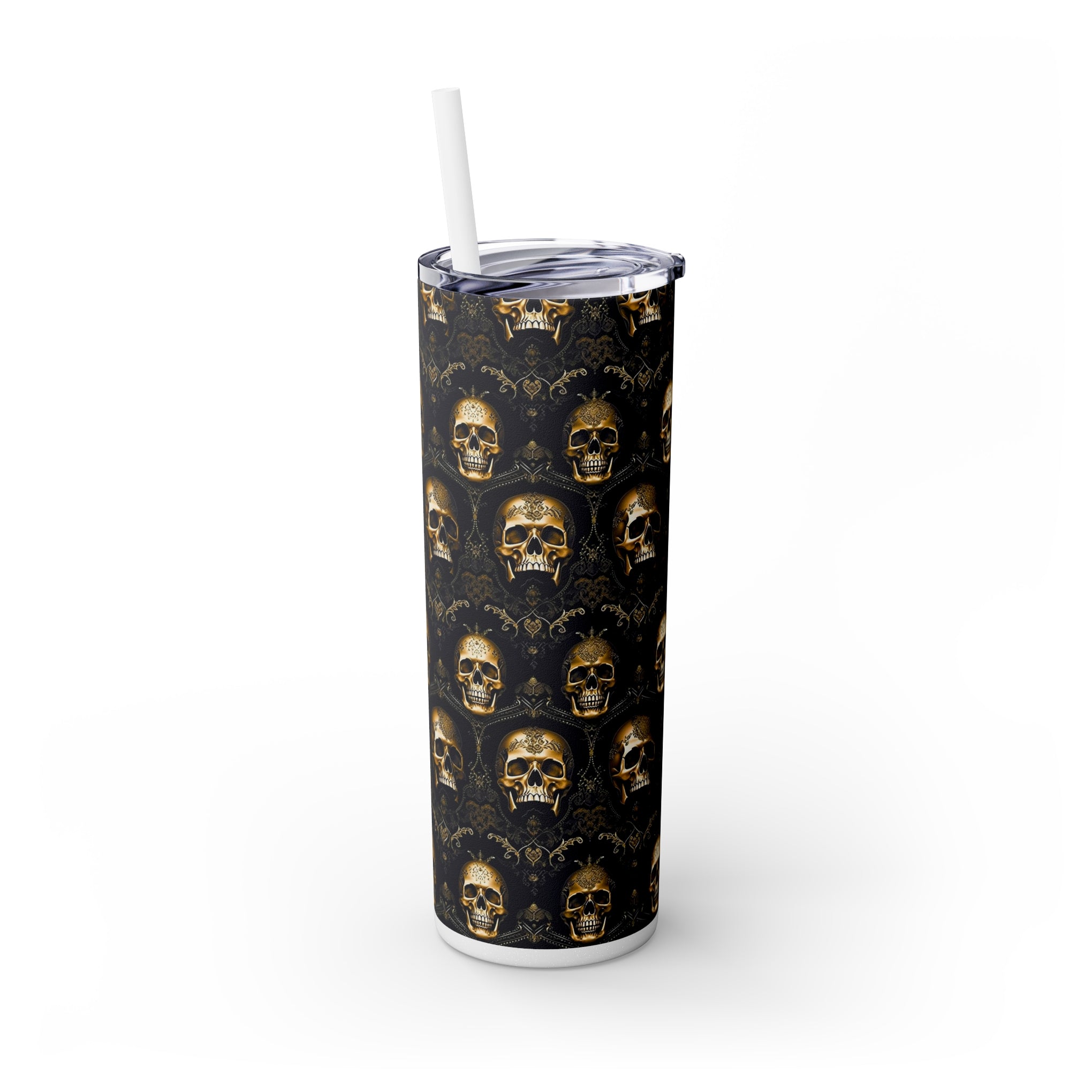 Elegance Meets Edge: The Sparkling Skull Skinny Tumbler with Straw, 20oz