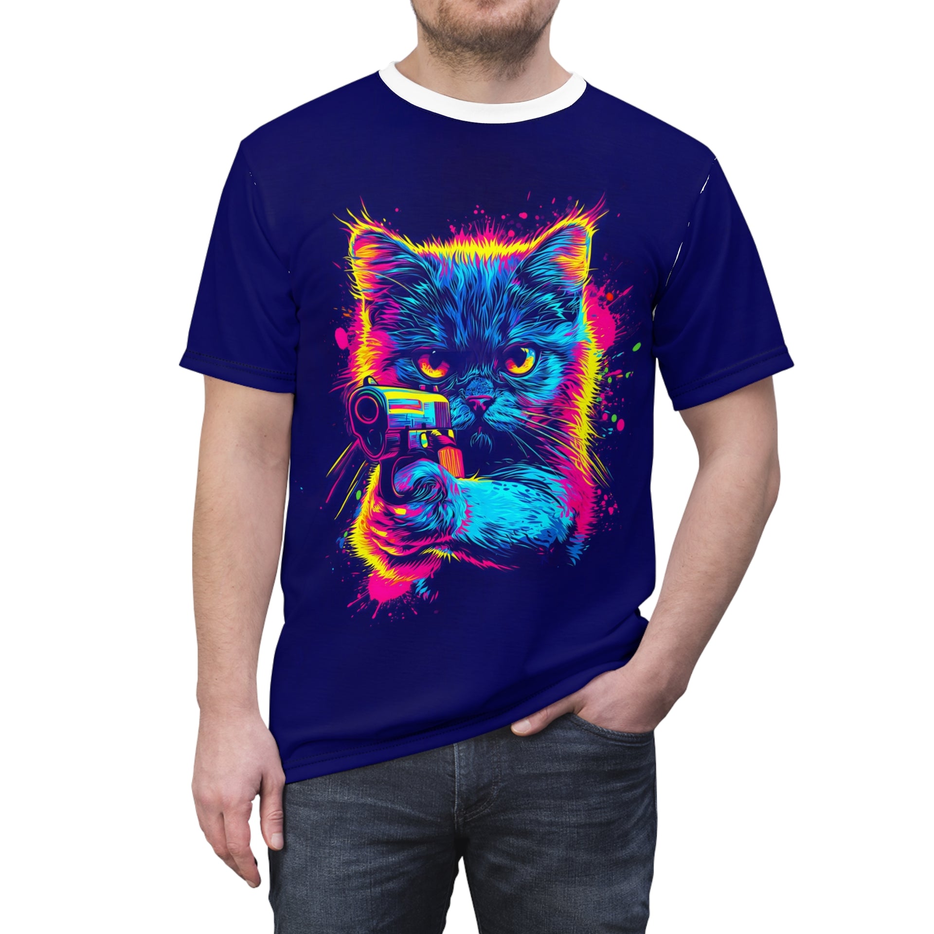 Unleash Style with Our Colorful Cat Holding a Gun Tee! | Unisex Cut & Sew Tee (AOP)