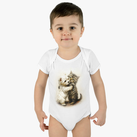 Playful Pals Infant Baby Rib Bodysuit: Cute White Dog and Furry Cat Design | Infant Baby Rib Bodysuit
