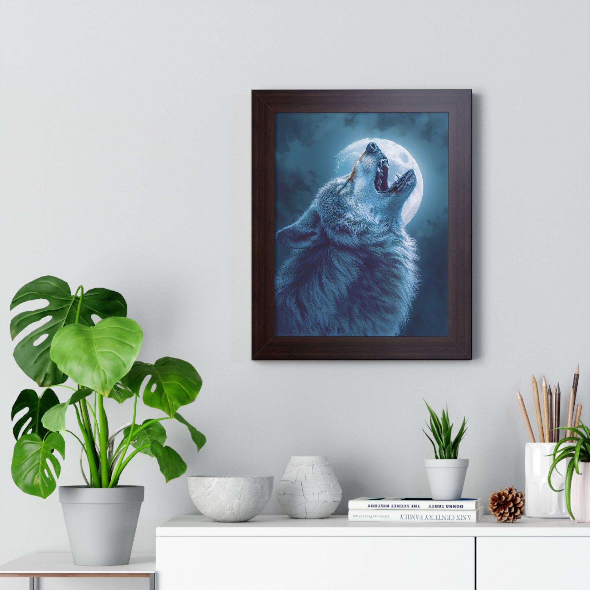 Midnight Howl: Epic Fantasy Wolf Poster Framed Vertical Poster