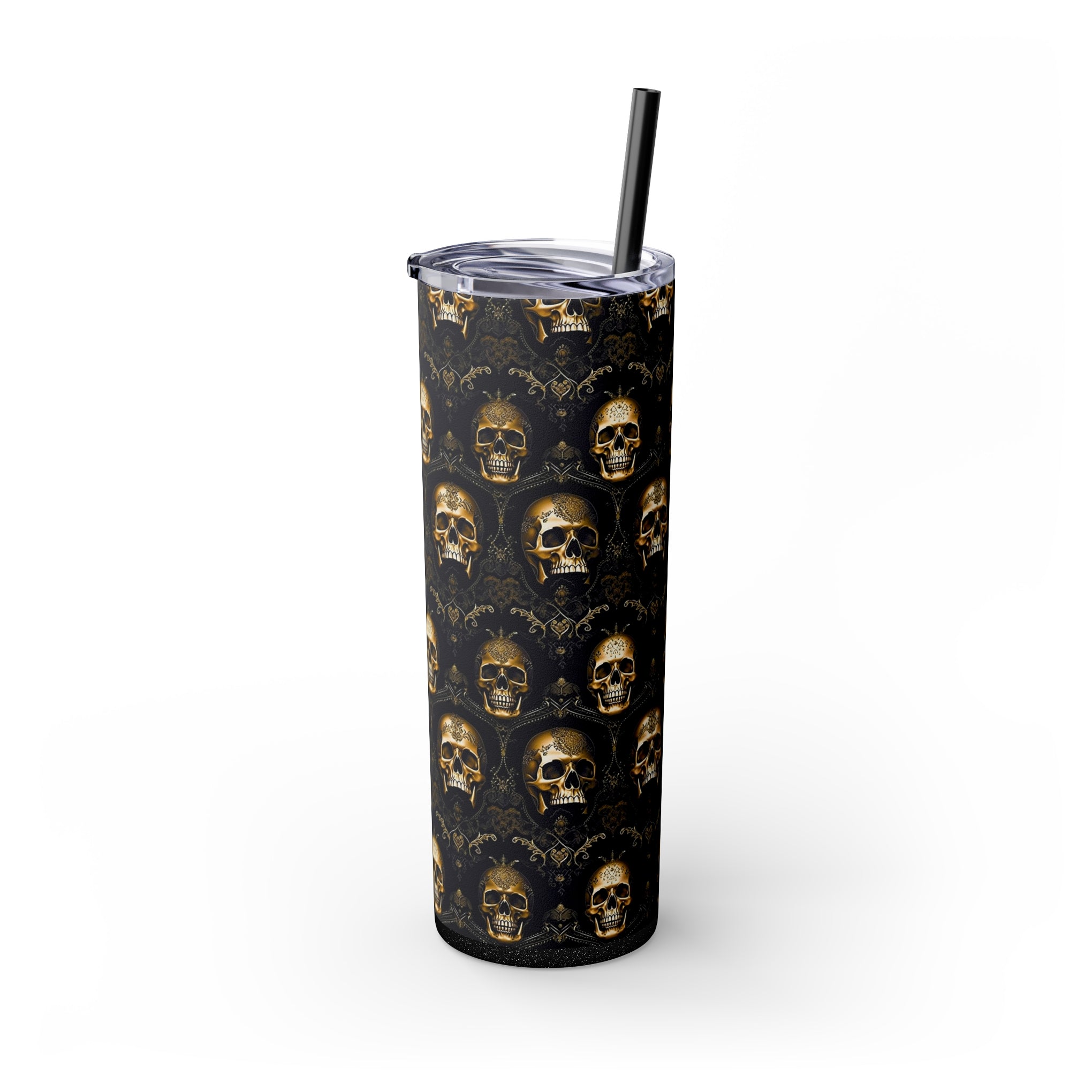 Elegance Meets Edge: The Sparkling Skull Skinny Tumbler with Straw, 20oz