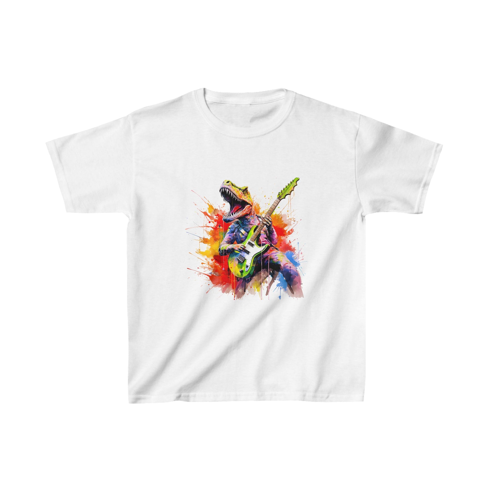 Rockin' Dino Dreamscape: Groovy Dino Jamming on Guitar in a Square Scape Dream Kids Heavy Cotton™ Tee