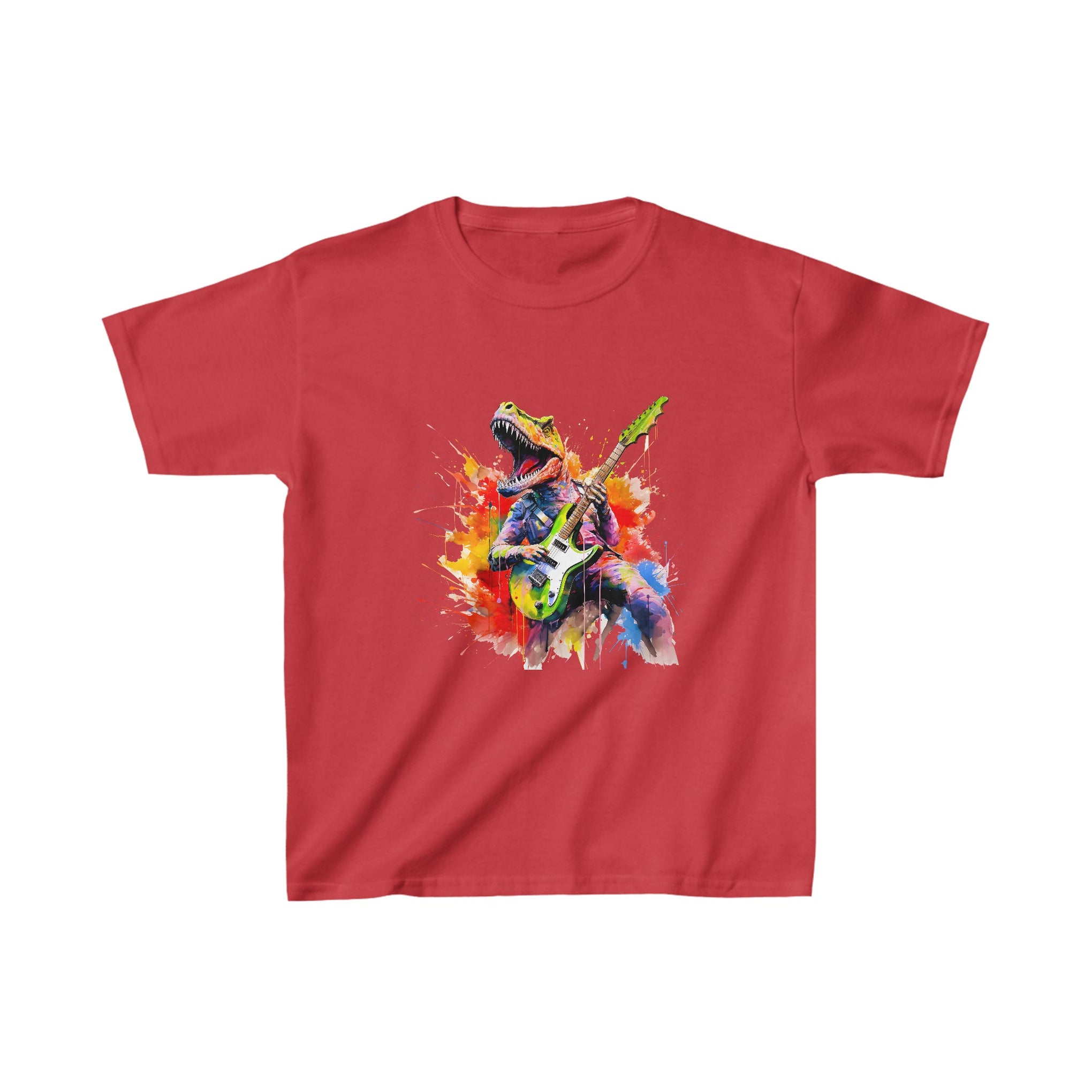 Rockin' Dino Dreamscape: Groovy Dino Jamming on Guitar in a Square Scape Dream Kids Heavy Cotton™ Tee