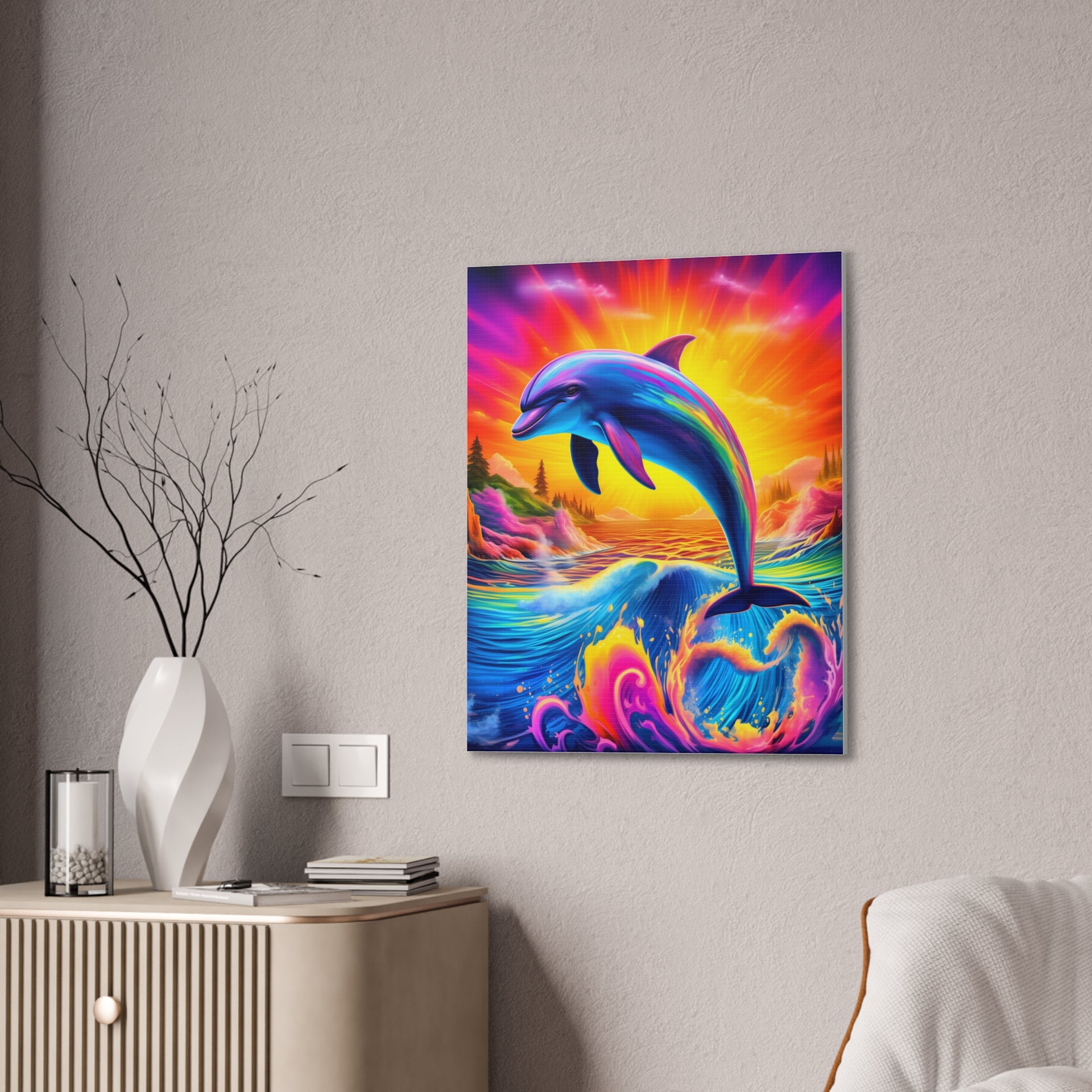 Ride the Waves of Imagination: Psychedelic Dolphin Rainbow Canvas Stretched, 0.75"