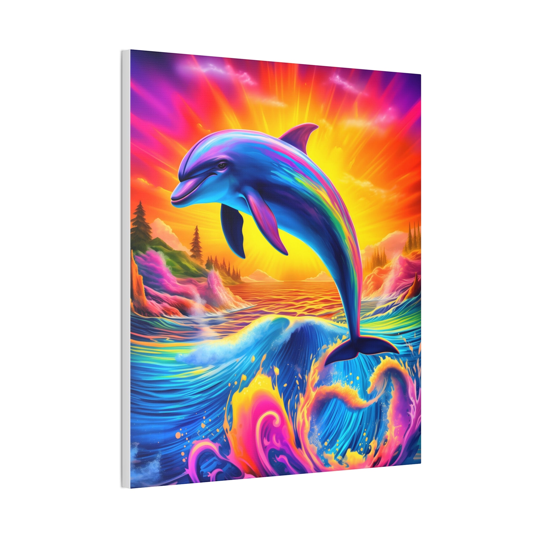 Ride the Waves of Imagination: Psychedelic Dolphin Rainbow Canvas Stretched, 0.75"