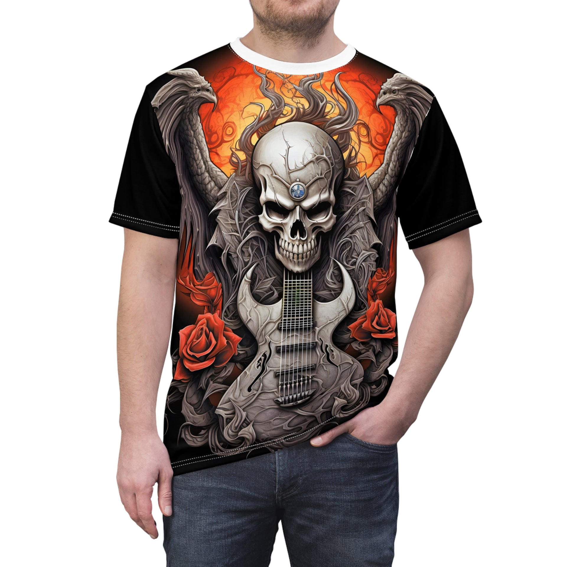 Unleash the Riff! Dragon-Winged Skull Shreds on Your New Tee Unisex Cut & Sew Tee (AOP)