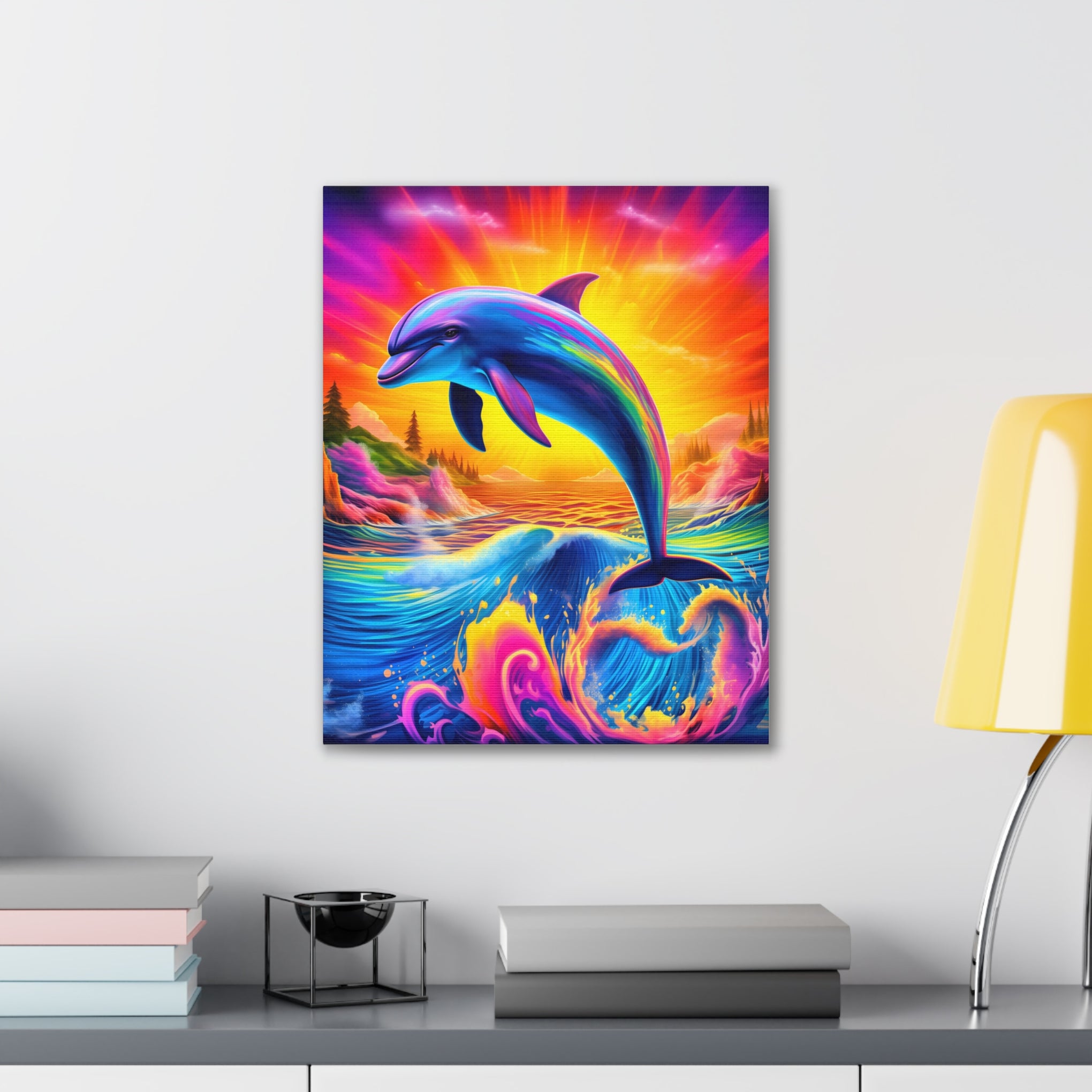 Ride the Waves of Imagination: Psychedelic Dolphin Rainbow Canvas Stretched, 0.75"