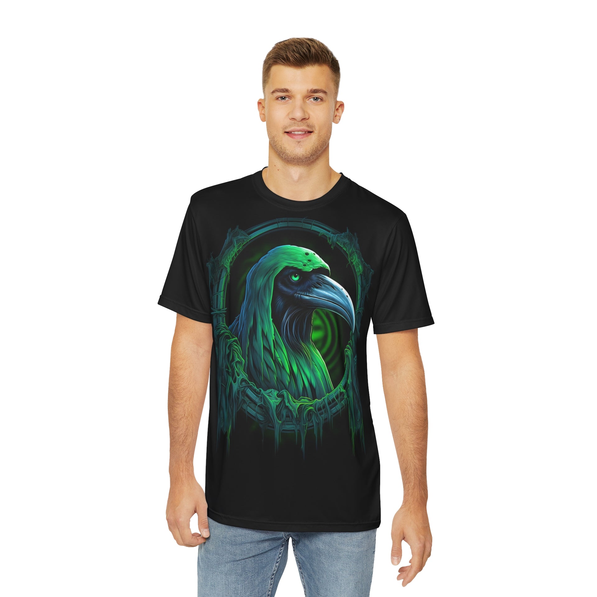 Grim Reaper Crow: Green and Emerald Decor Unisex Garment-Dyed Sweatshirt Men's Polyester Tee (AOP)