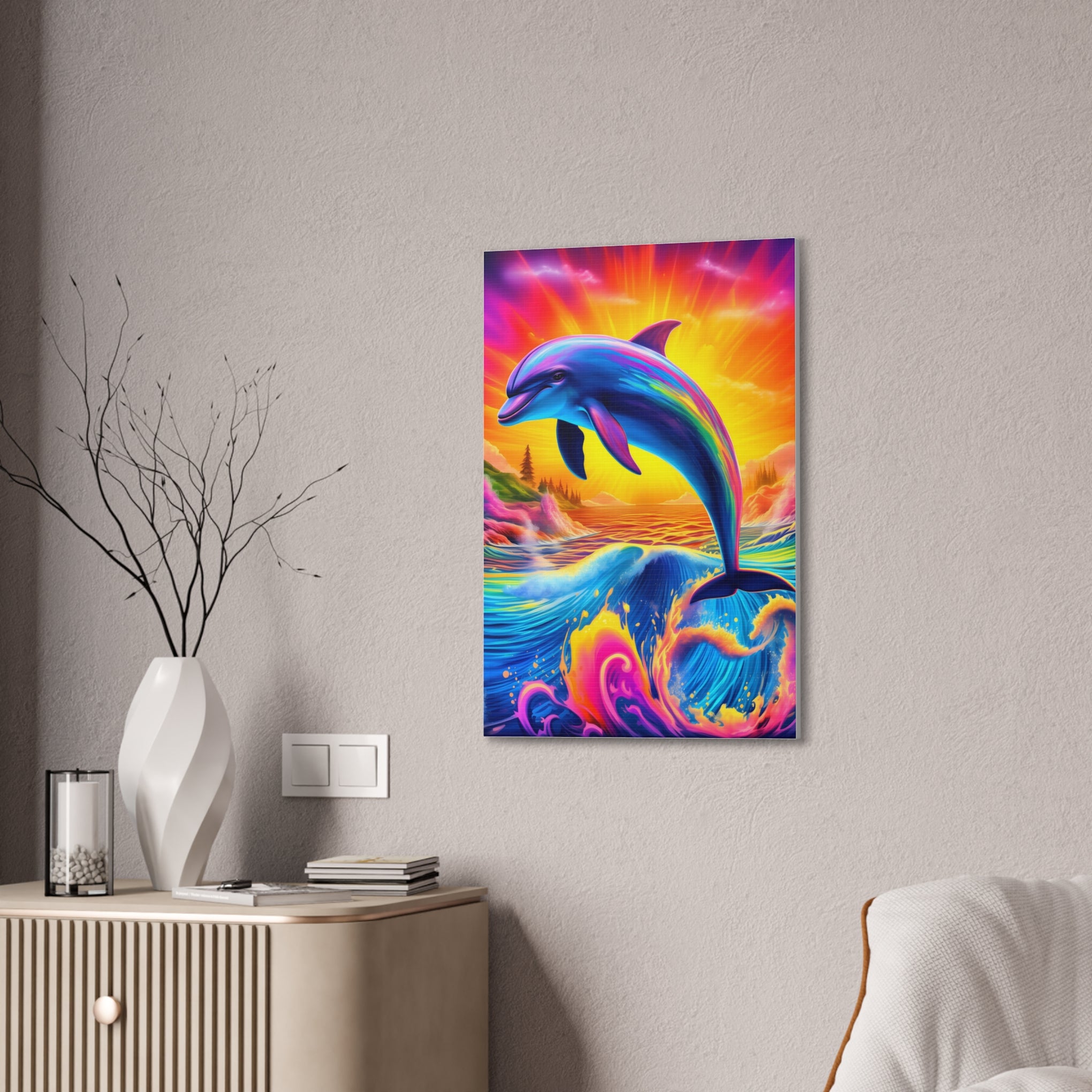 Ride the Waves of Imagination: Psychedelic Dolphin Rainbow Canvas Stretched, 0.75"