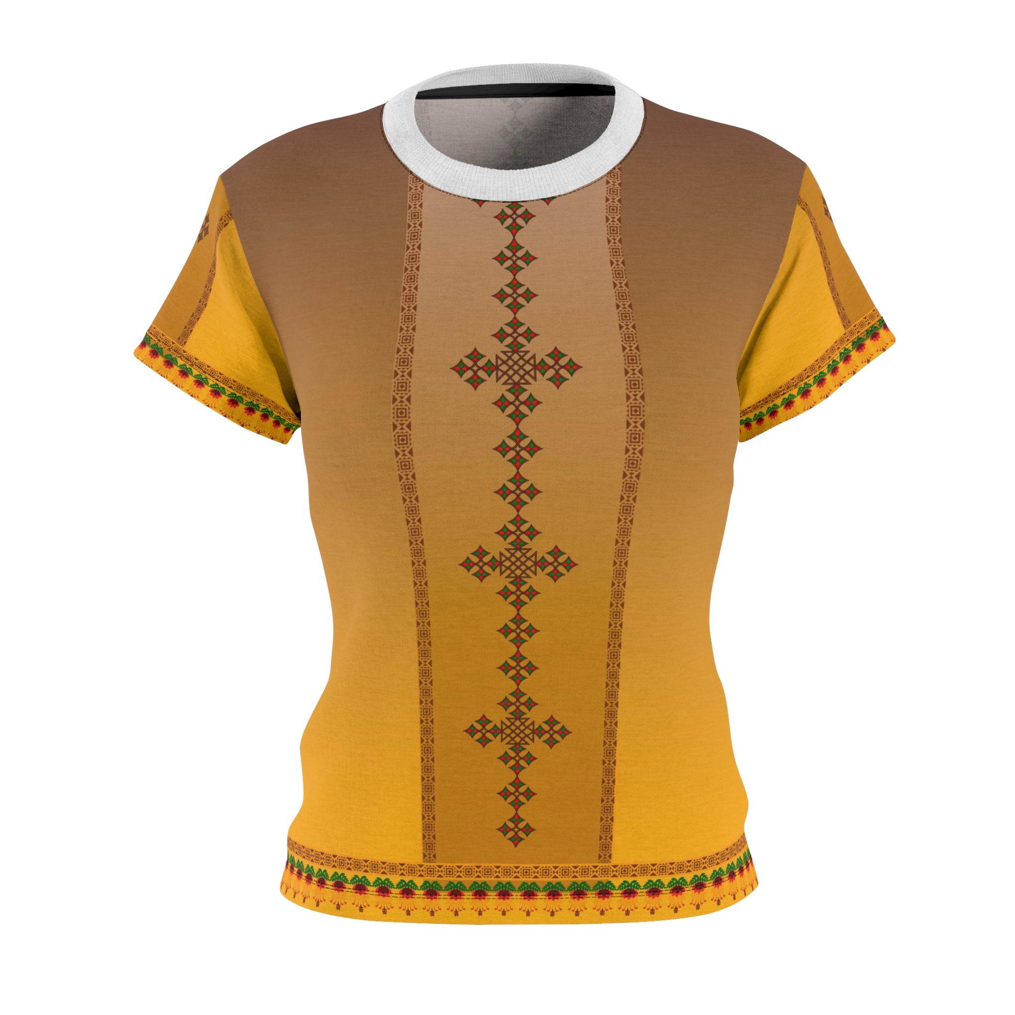 Ethiopian Cross & Floral Harmony: Women's Cut & Sew Tee with Vibrant Ethnic Patterns