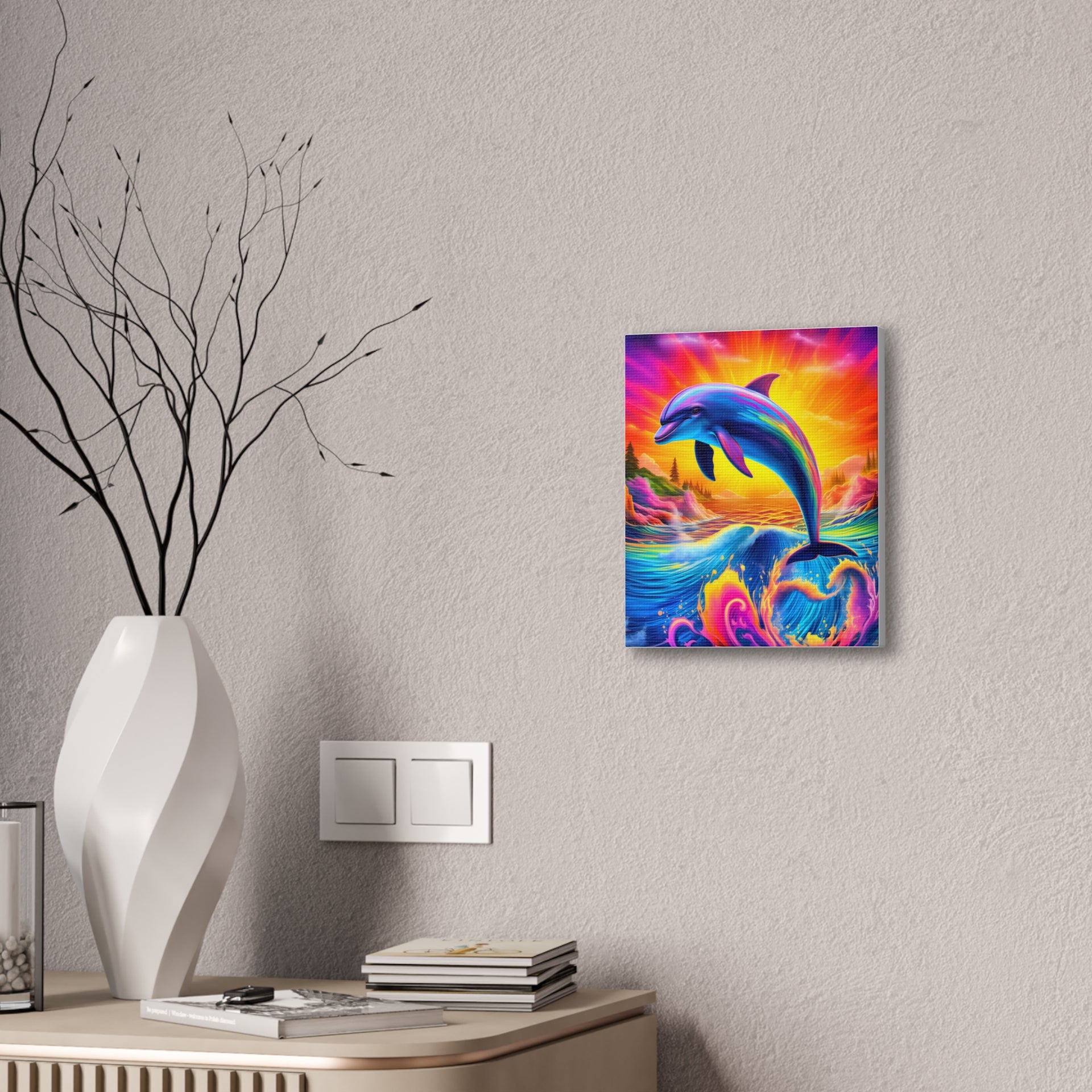 Ride the Waves of Imagination: Psychedelic Dolphin Rainbow Canvas Stretched, 0.75"