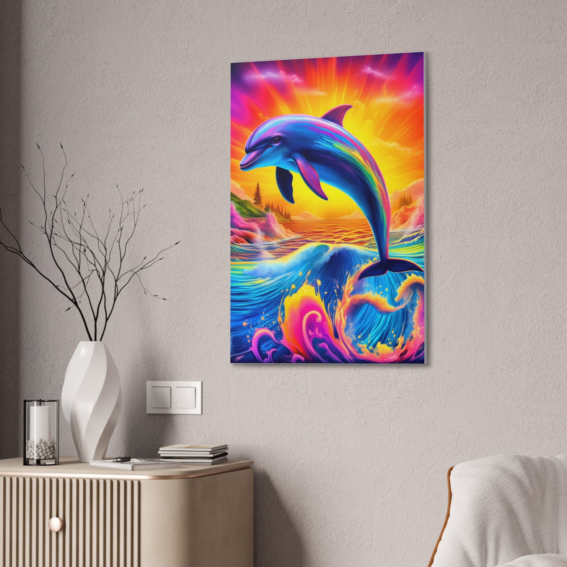 Ride the Waves of Imagination: Psychedelic Dolphin Rainbow Canvas Stretched, 0.75"