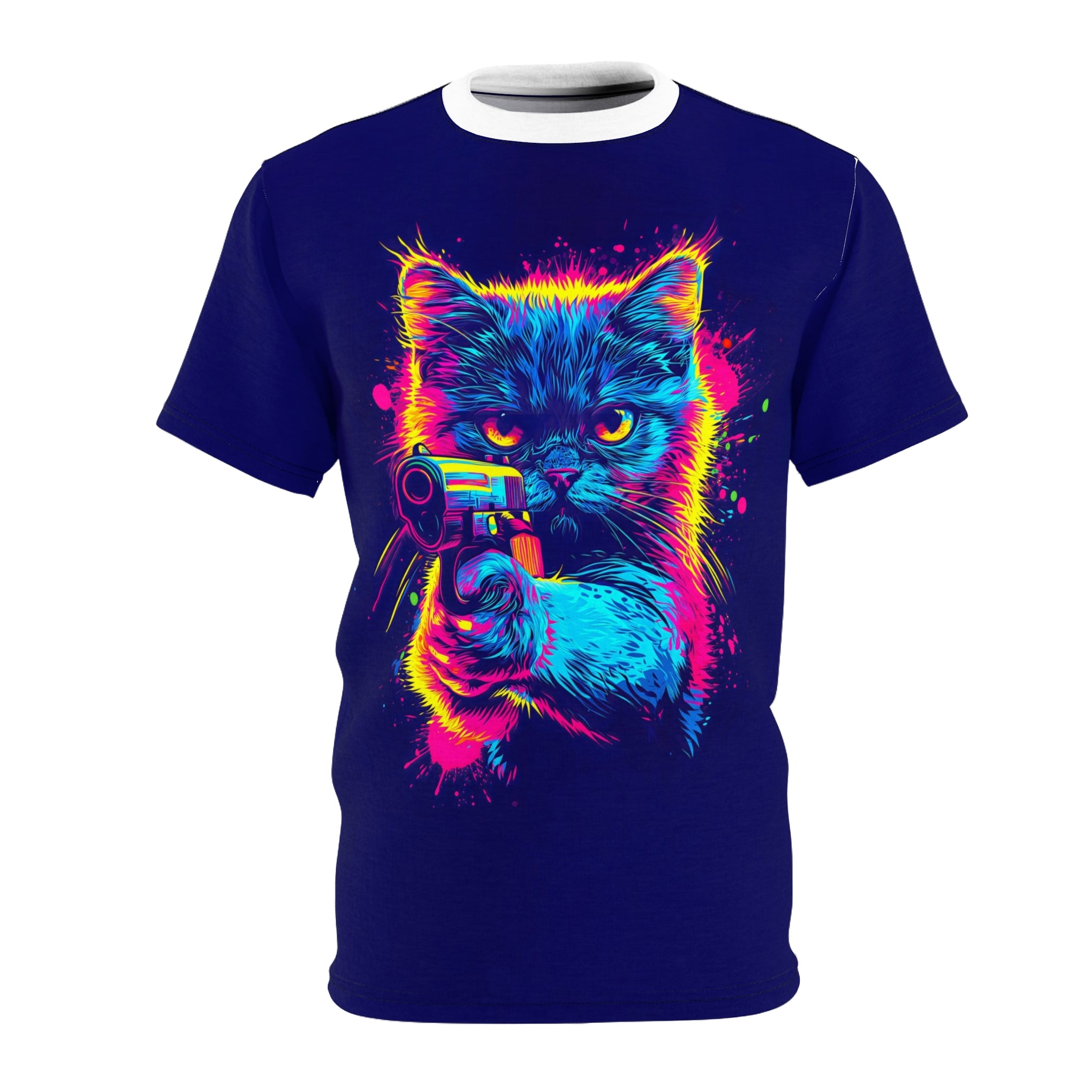 Unleash Style with Our Colorful Cat Holding a Gun Tee! | Unisex Cut & Sew Tee (AOP)