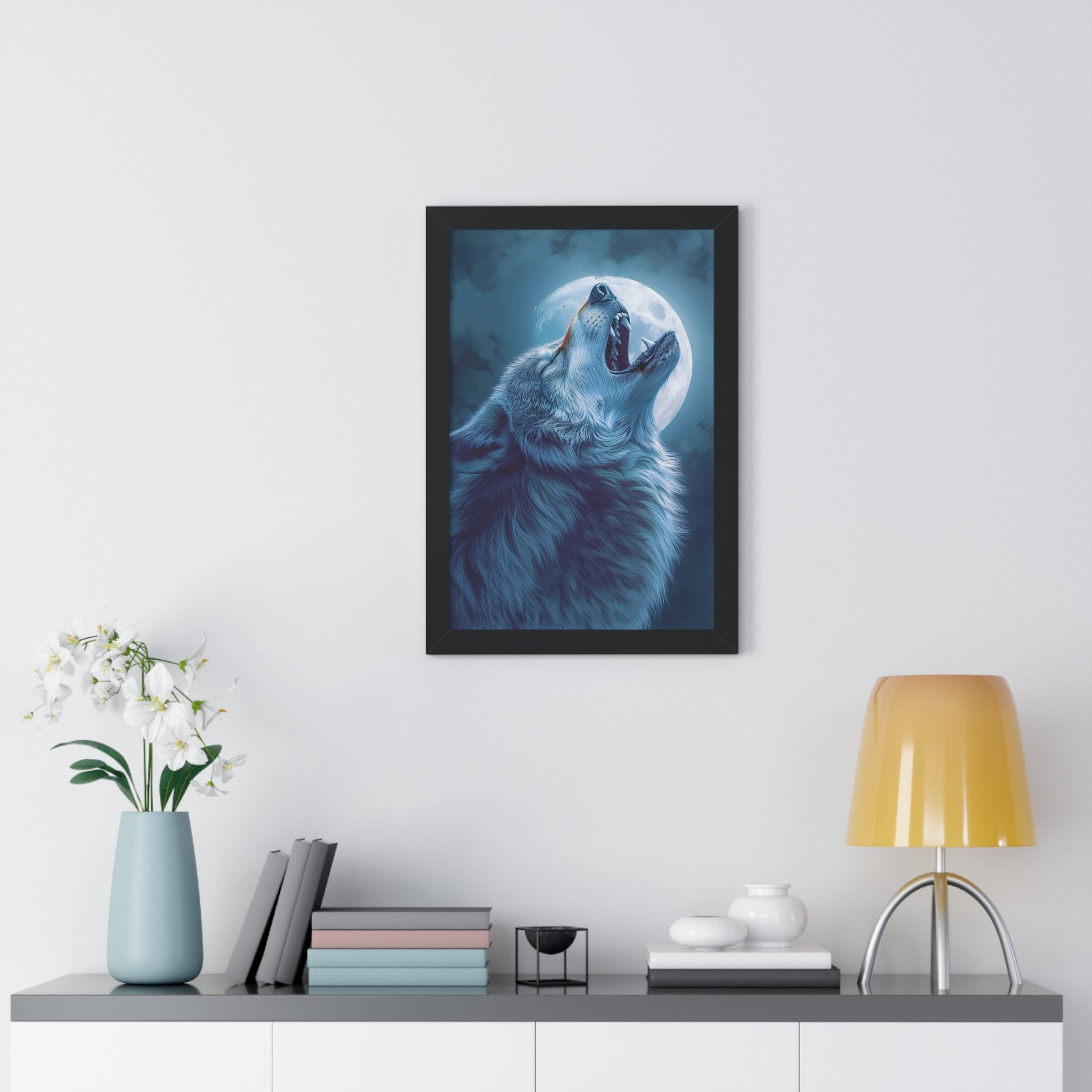 Midnight Howl: Epic Fantasy Wolf Poster Framed Vertical Poster