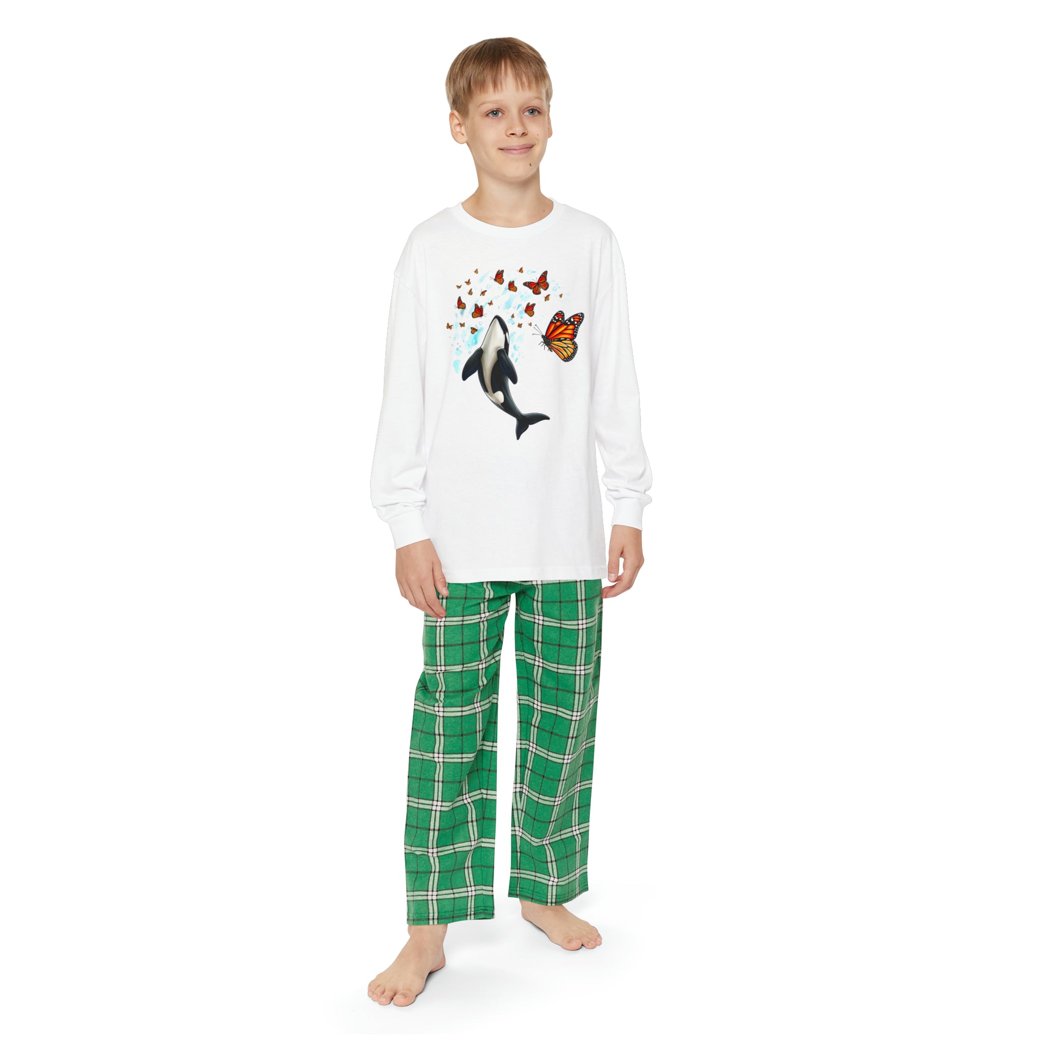 Majestic Harmony: Orca and Monarch Butterfly Youth Holiday Outfit Set | Youth Long Sleeve Holiday Outfit Set