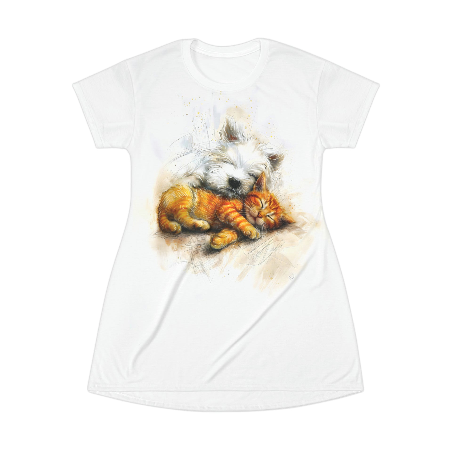 Discover Endearing Harmony: Dog and Cat Playtime | T-Shirt Dress (AOP)