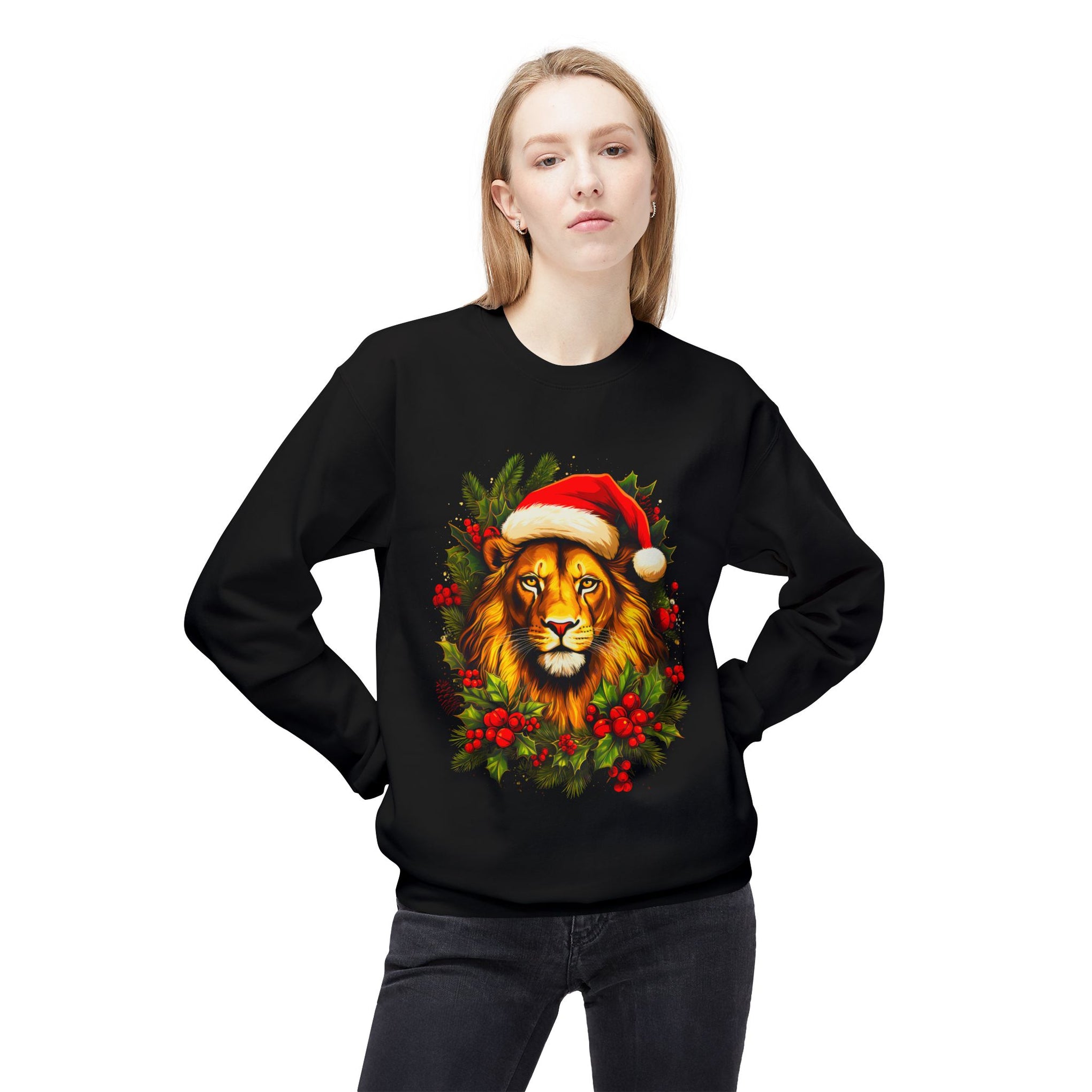 Majestic Lion with Santa Hat Unisex Christmas Sweatshirt | Holiday Apparel